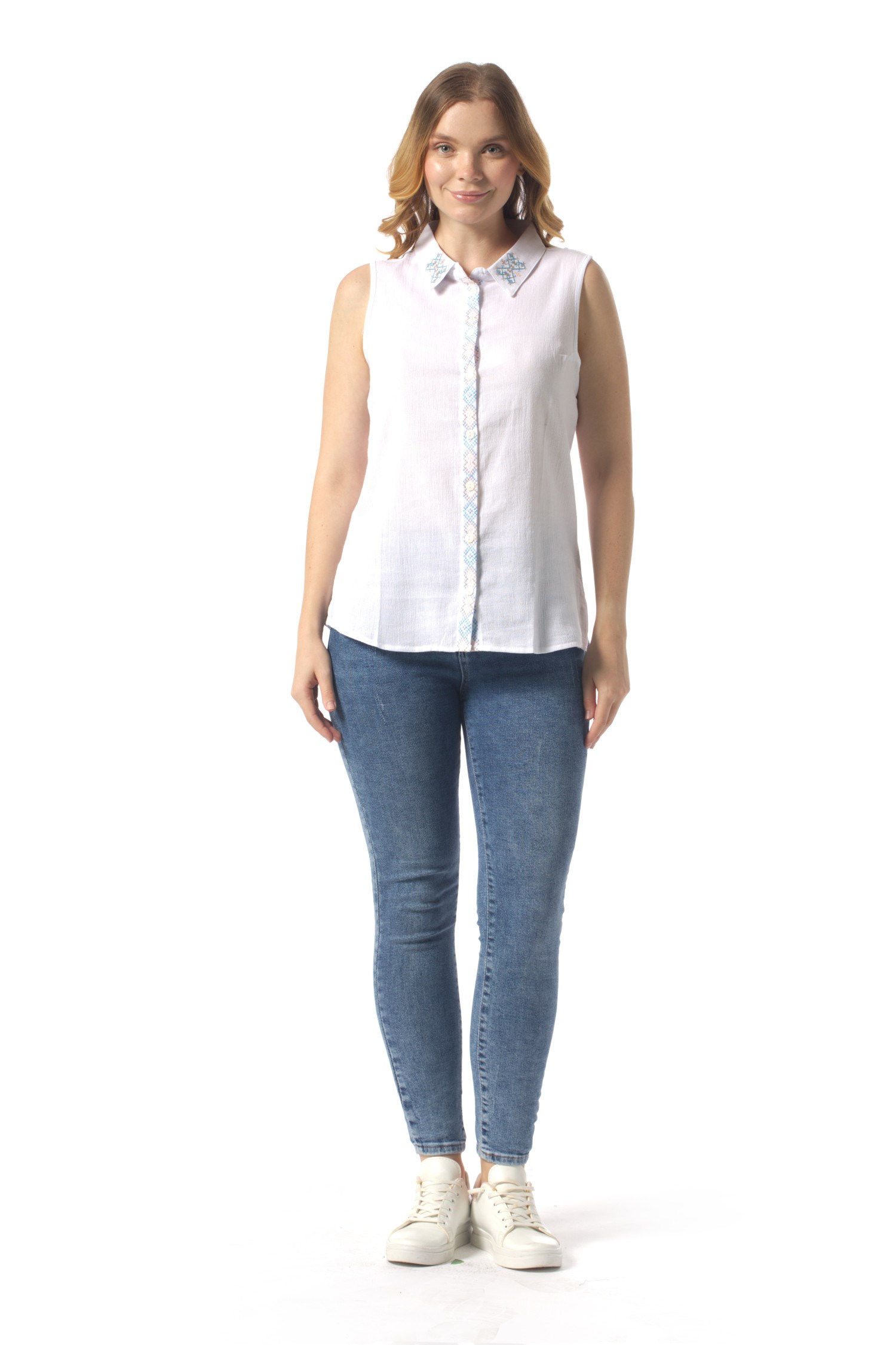 Sleeveless Aden Classic Collar Sile Fabric Summer Women Shirt White