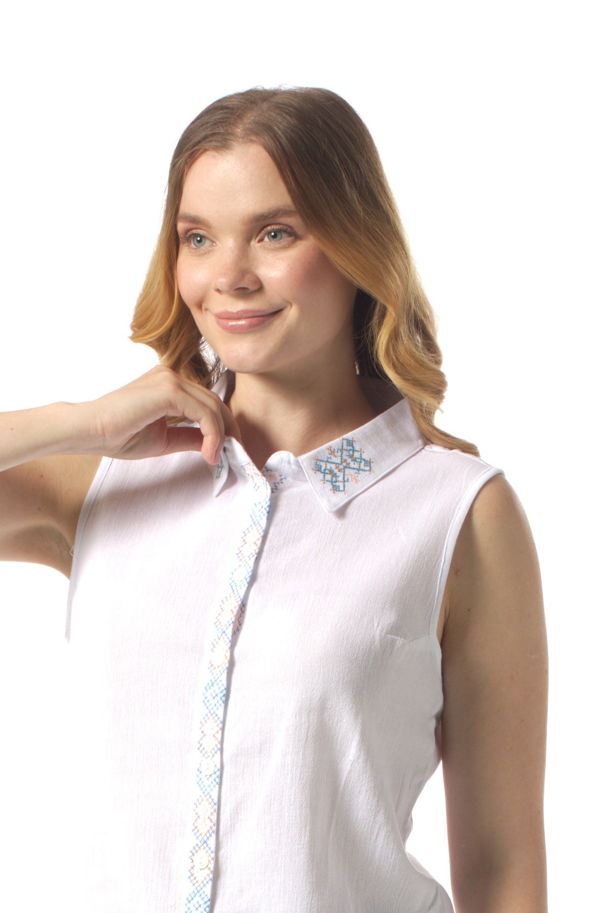 Sleeveless Aden Classic Collar Sile Fabric Summer Women Shirt White