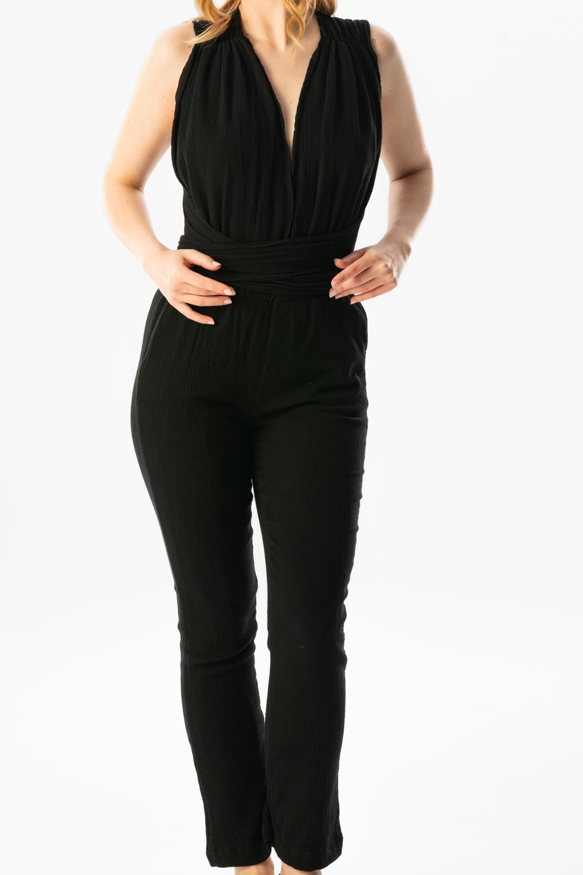 Sleeveless Alisa Village Cloth Back Detail Tied Summer Jumpsuit Black