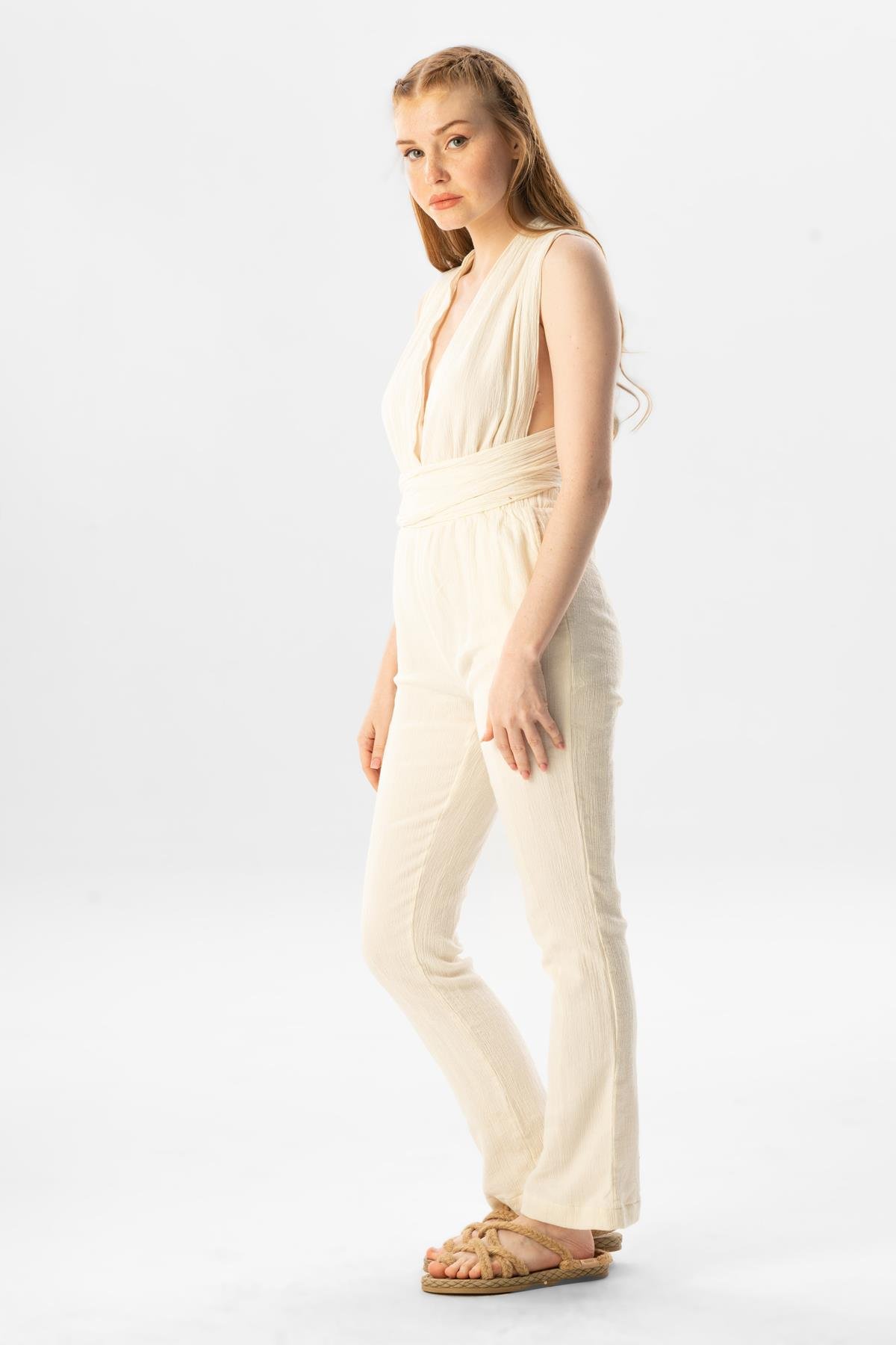 Kolsuz Alisa Şile Bezi Sırt Detay Bağlamalı Yazlık Tulum Krem Krm