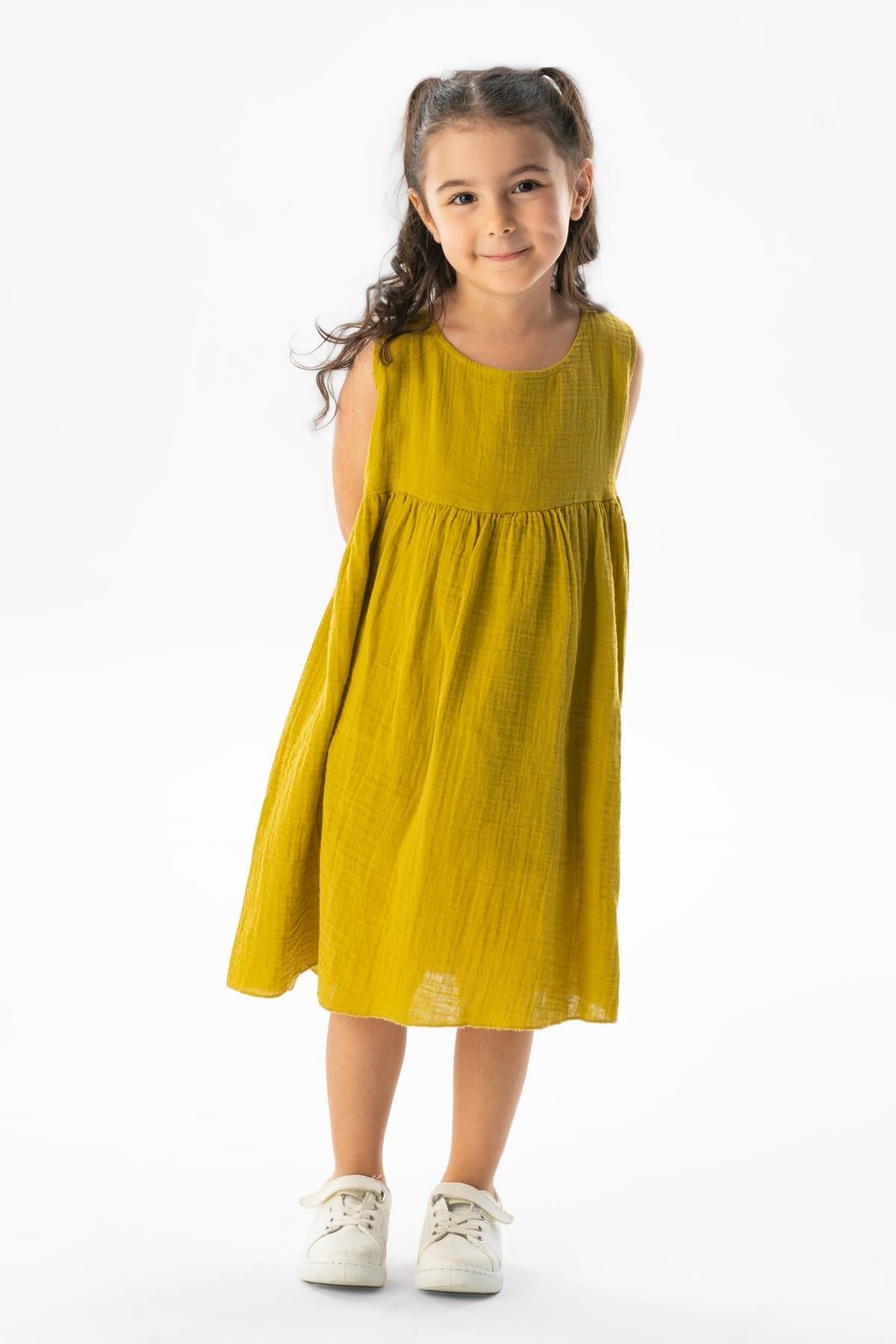 Sleeveless Bilge Summer Muslin Children's Dress Oil Green