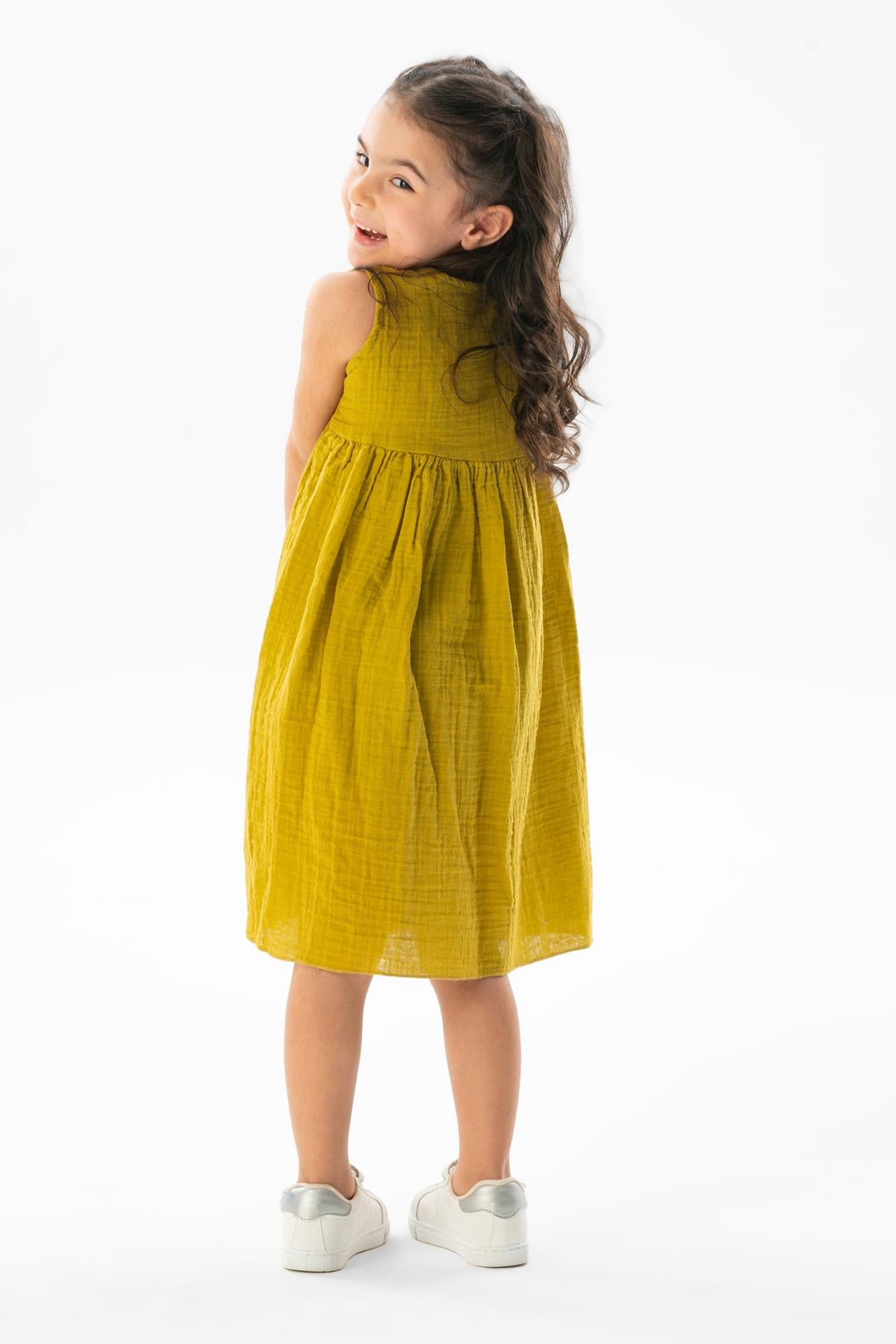 Sleeveless Bilge Summer Muslin Children's Dress Oil Green