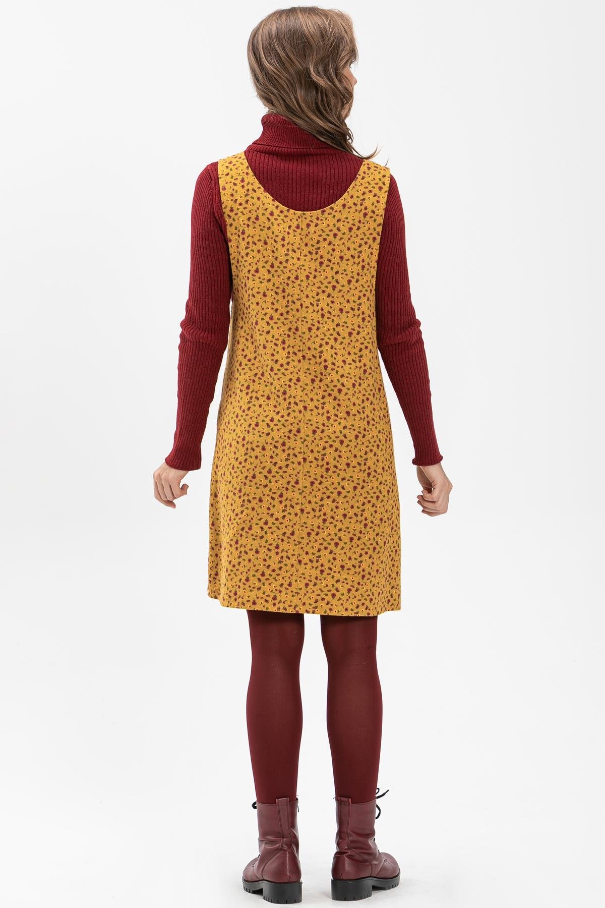Kolsuz Ceren Pazen Salopet Kısa Sonbahar ve Kışlık Elbise Çıtır Desen Hardal Hrd