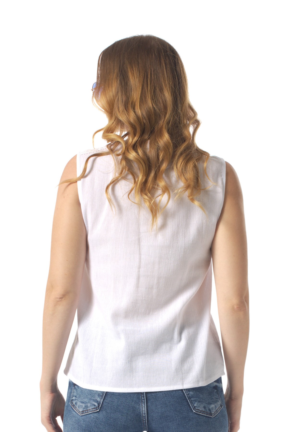 Sleeveless Ceylan Şile Fabric Summer Lace Short Blouse White 