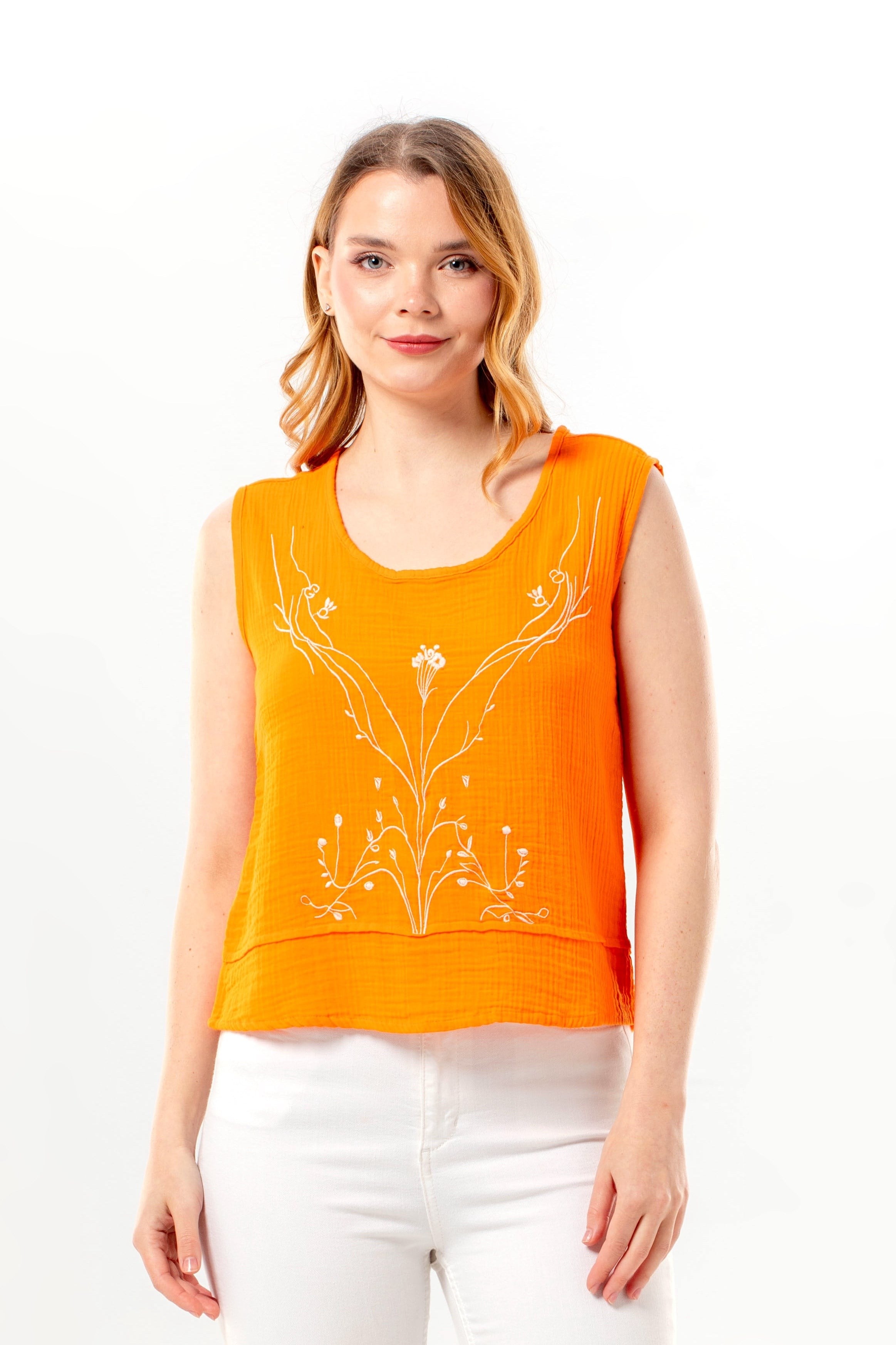 Sleeveless Cunda Bicycle Neck Summer Embroidered Muslin Blouse Orange