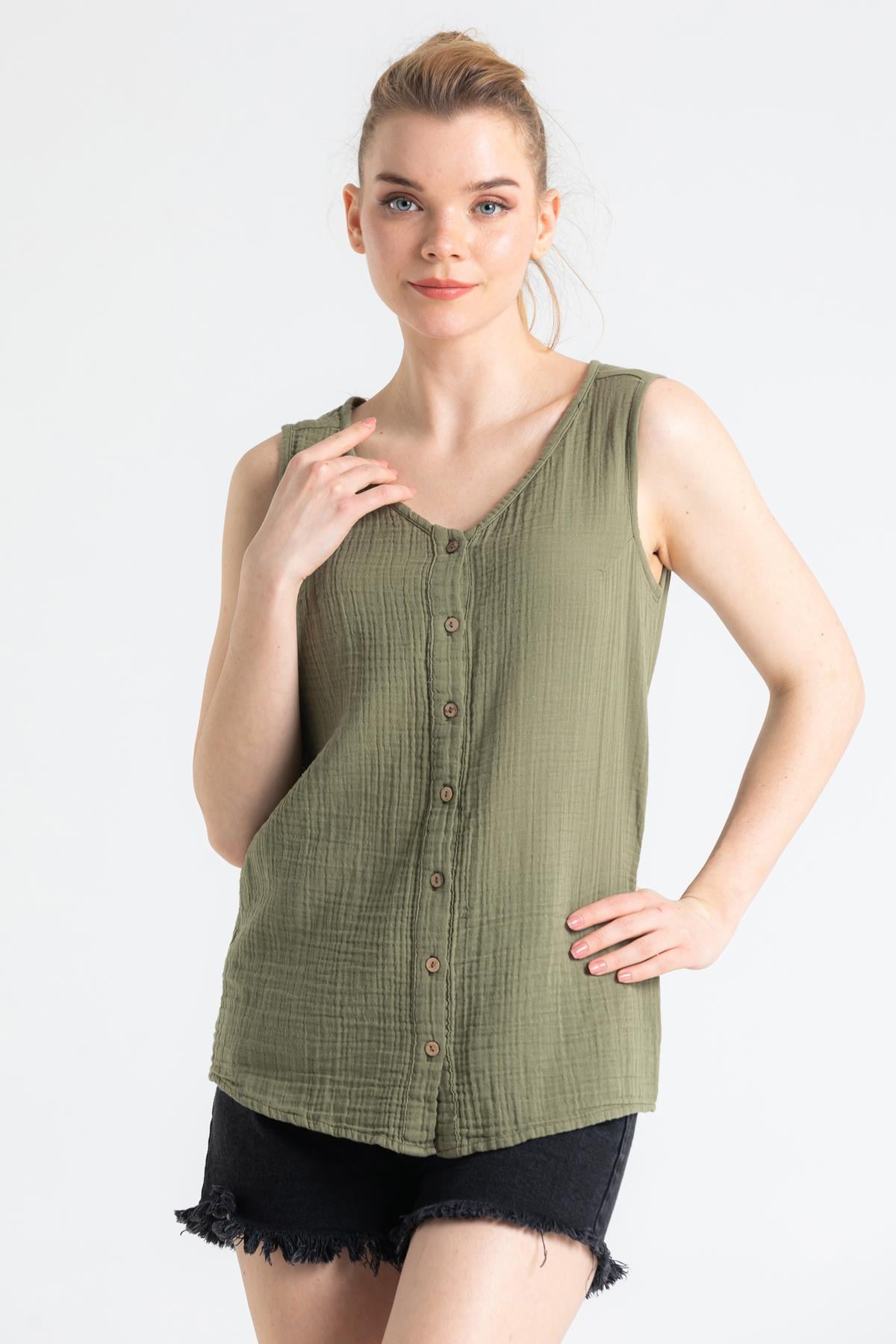 Sleeveless Muslin Melis Blouse Khaki