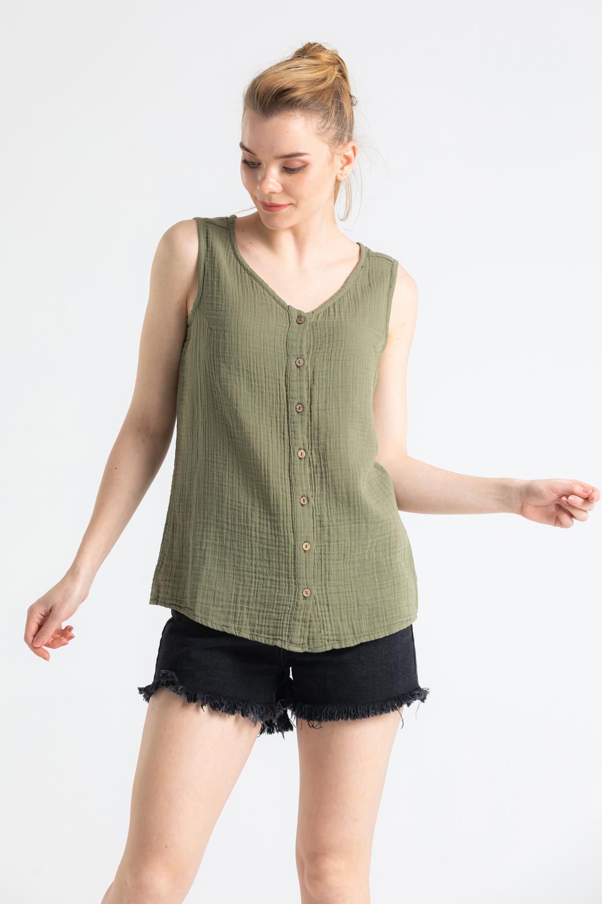 Sleeveless Muslin Melis Blouse Khaki
