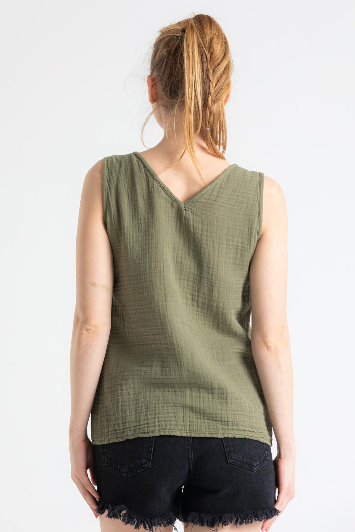 Sleeveless Muslin Melis Blouse Khaki