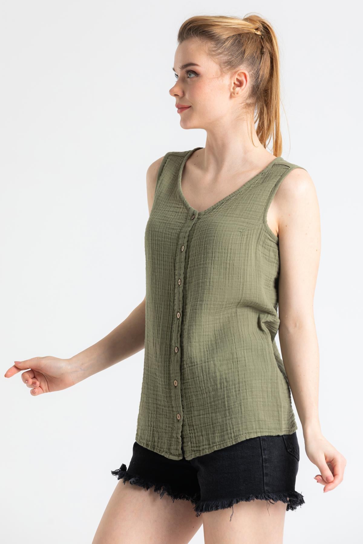 Sleeveless Muslin Melis Blouse Khaki