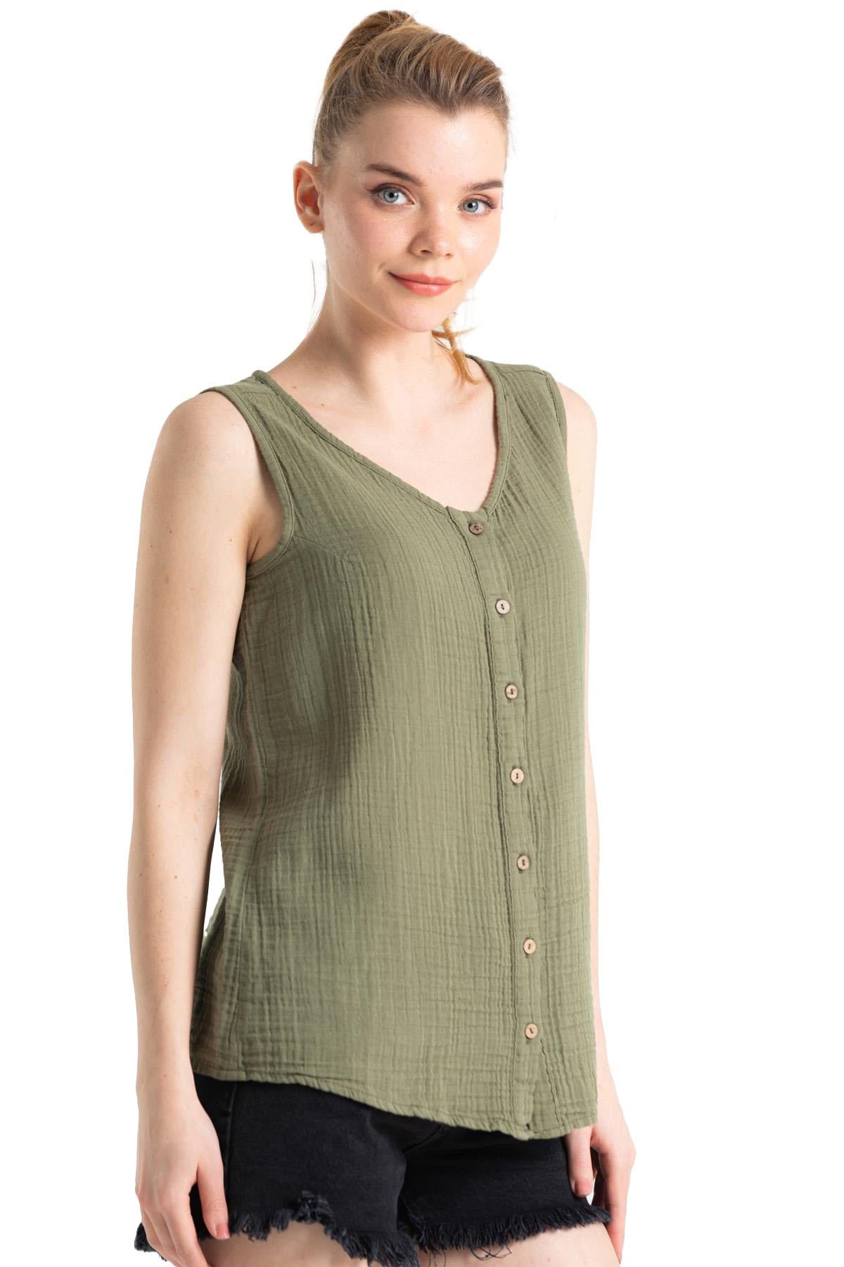 Sleeveless Muslin Melis Blouse Khaki