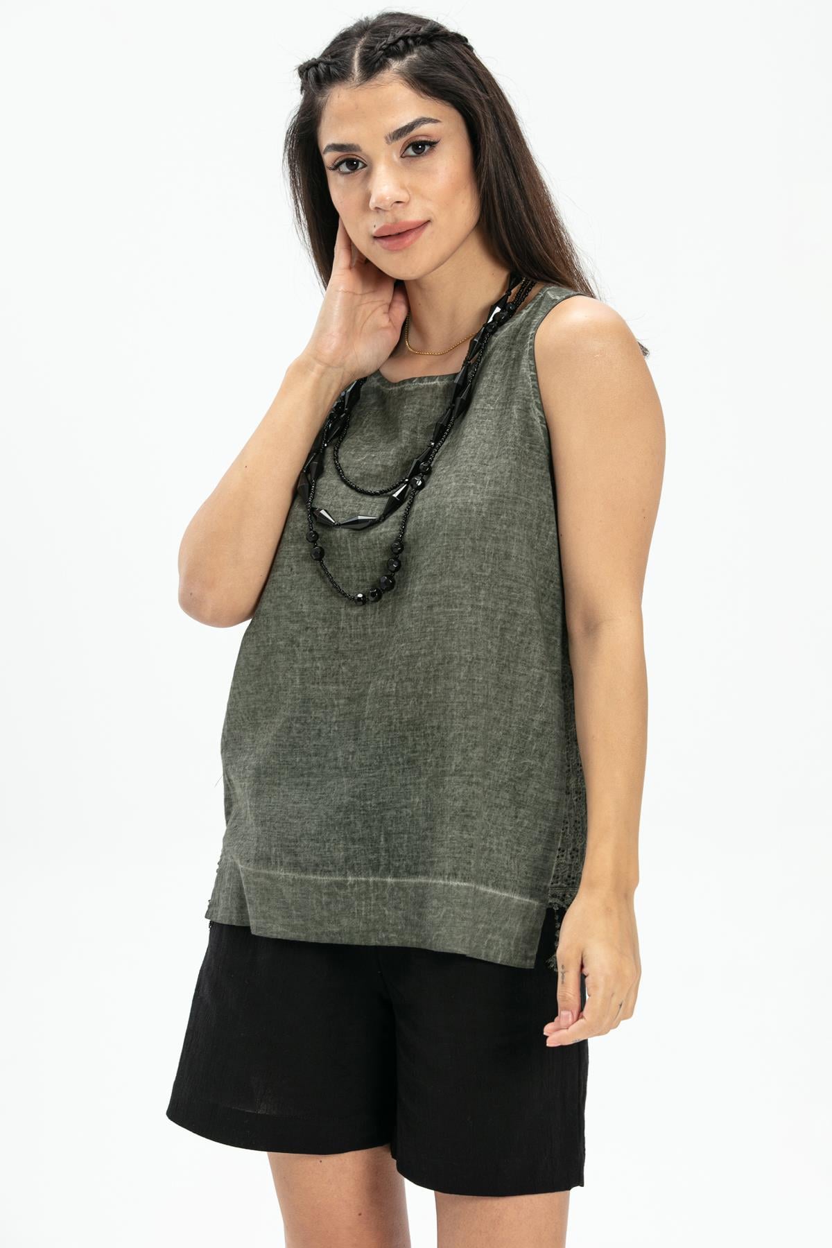 Sleeveless Poplin Zeyno Blouse Khaki