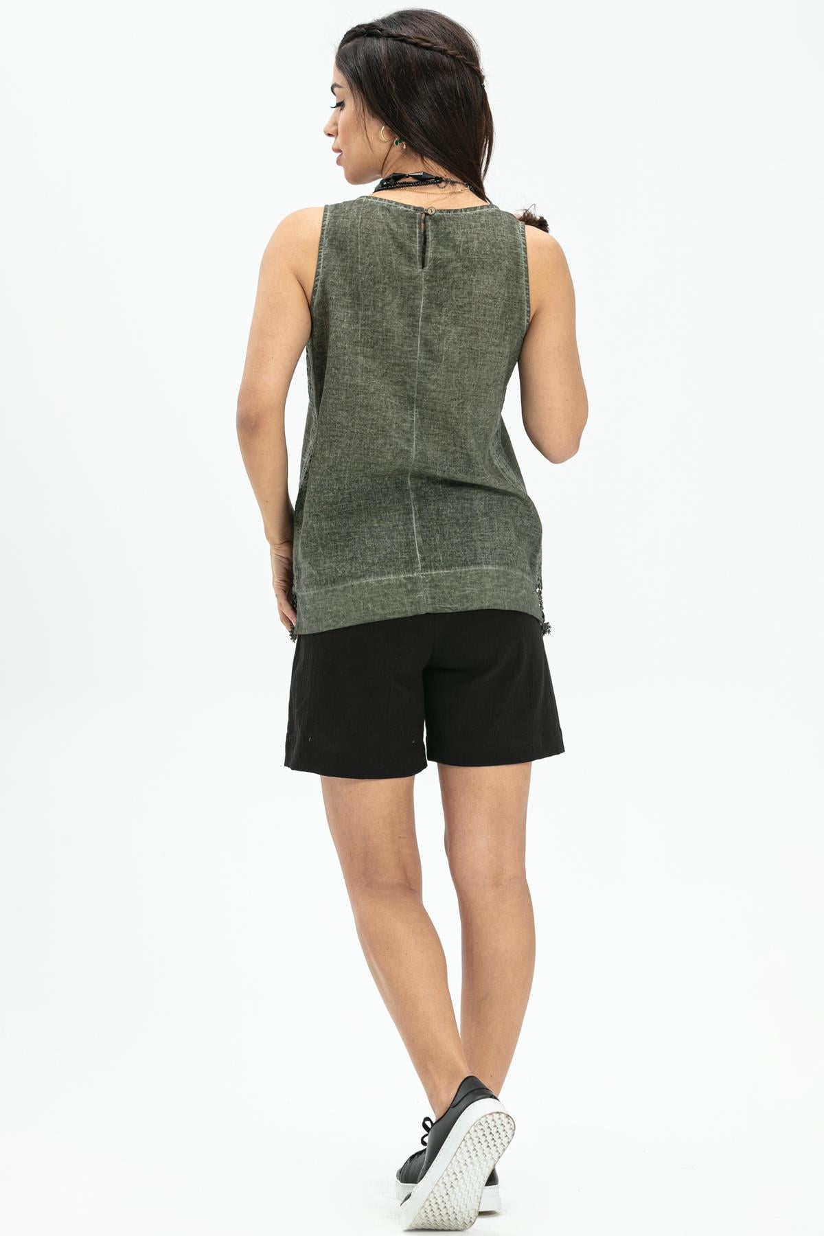 Sleeveless Poplin Zeyno Blouse Khaki