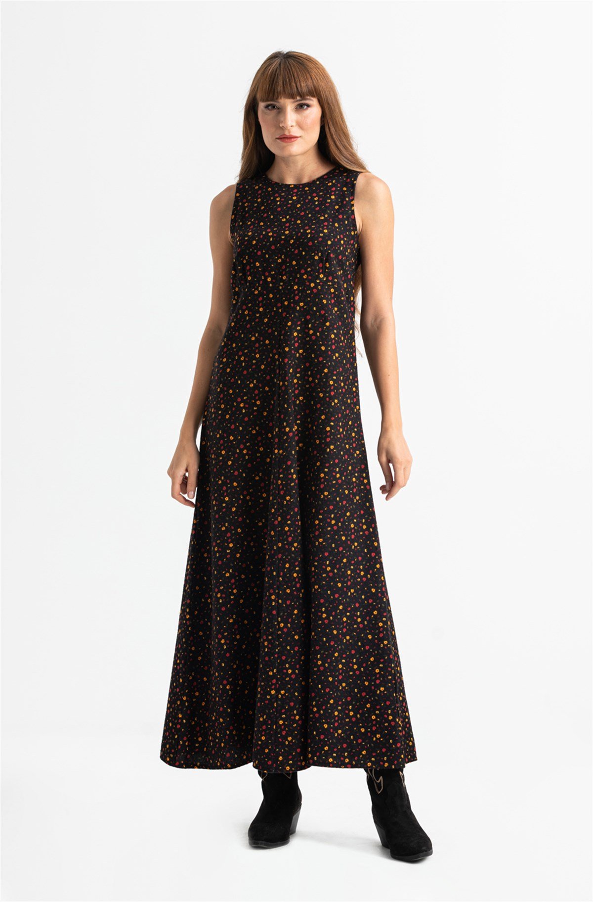 Kolsuz Selen Pazen Uzun Elbise Çıtır Desen Siyah Syh