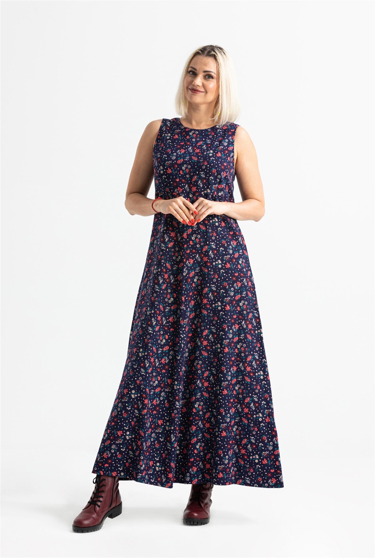 Kolsuz Selen Pazen Uzun Elbise Çıtır Desen Lacivert Lcvt