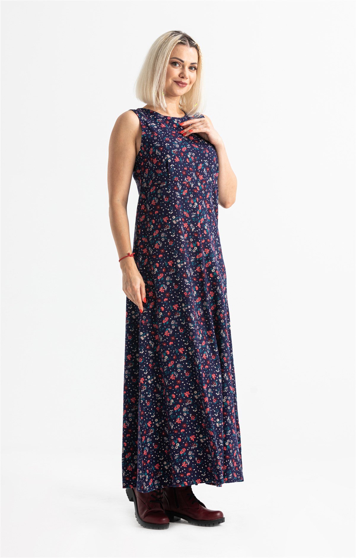 Kolsuz Selen Pazen Uzun Elbise Çıtır Desen Lacivert Lcvt