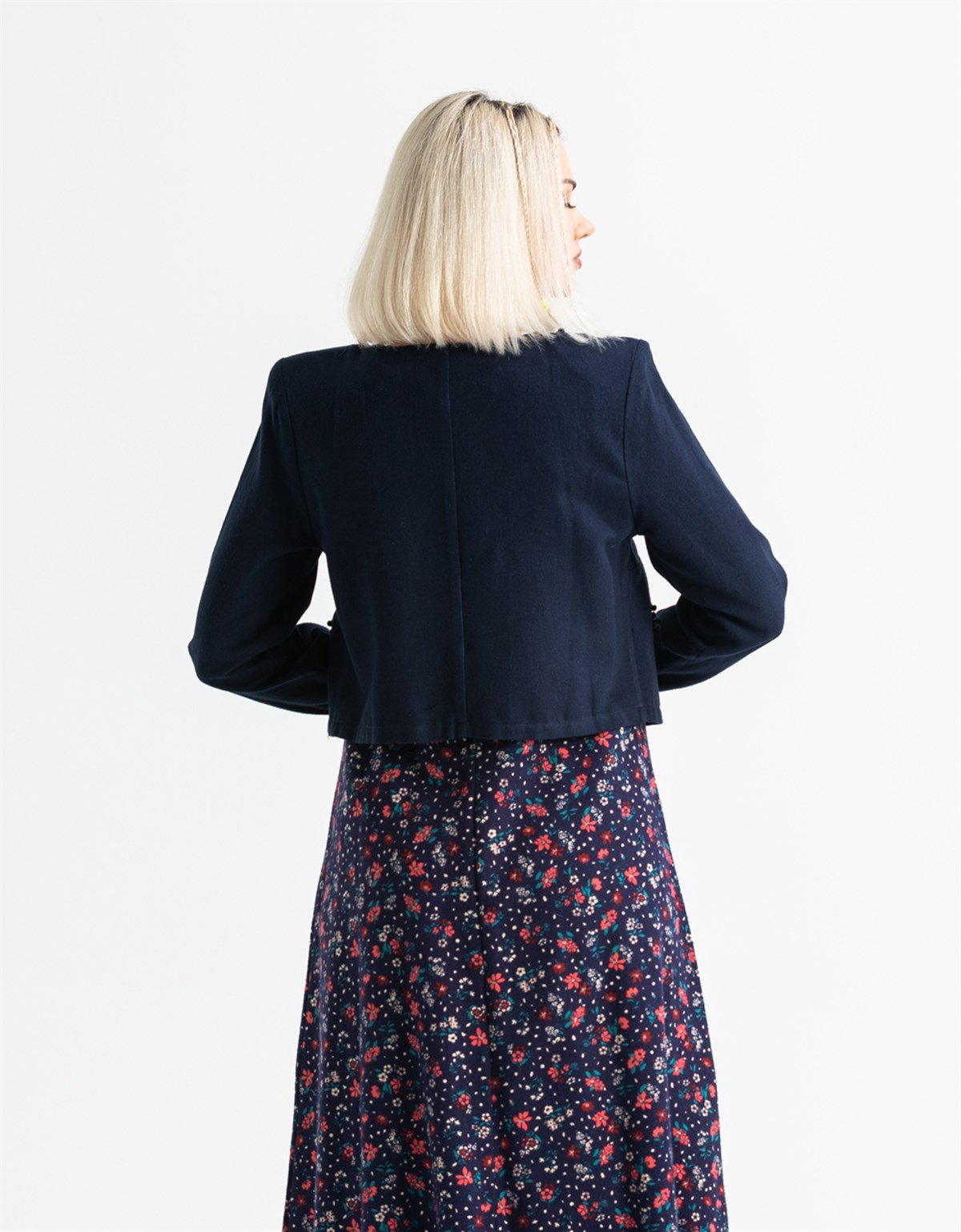 Kolsuz Selen Pazen Uzun Elbise Çıtır Desen Lacivert Lcvt