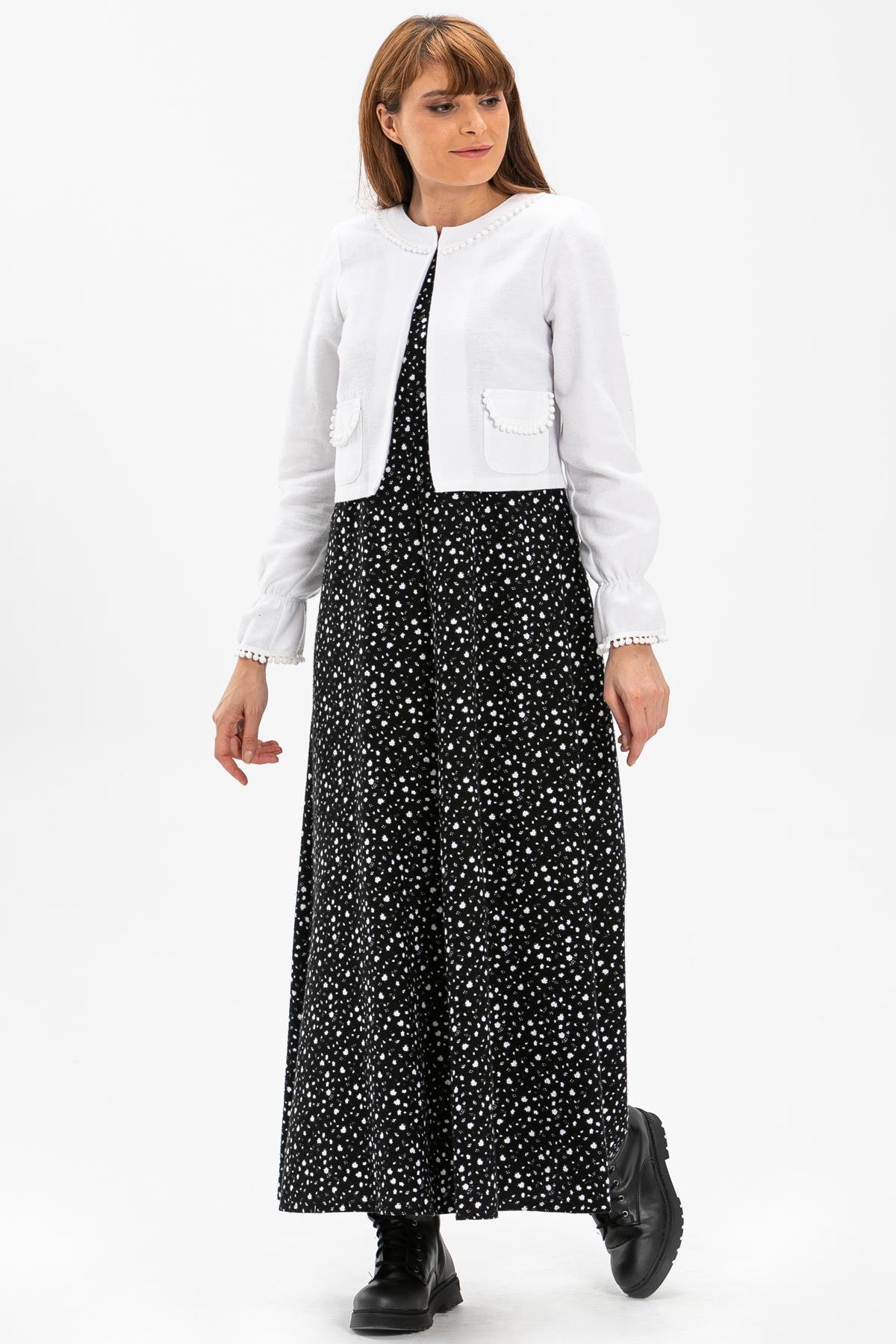 Kolsuz Selen Pazen Uzun Sonbahar ve Kışlık Elbise Çıtır Desen Beyaz Byz