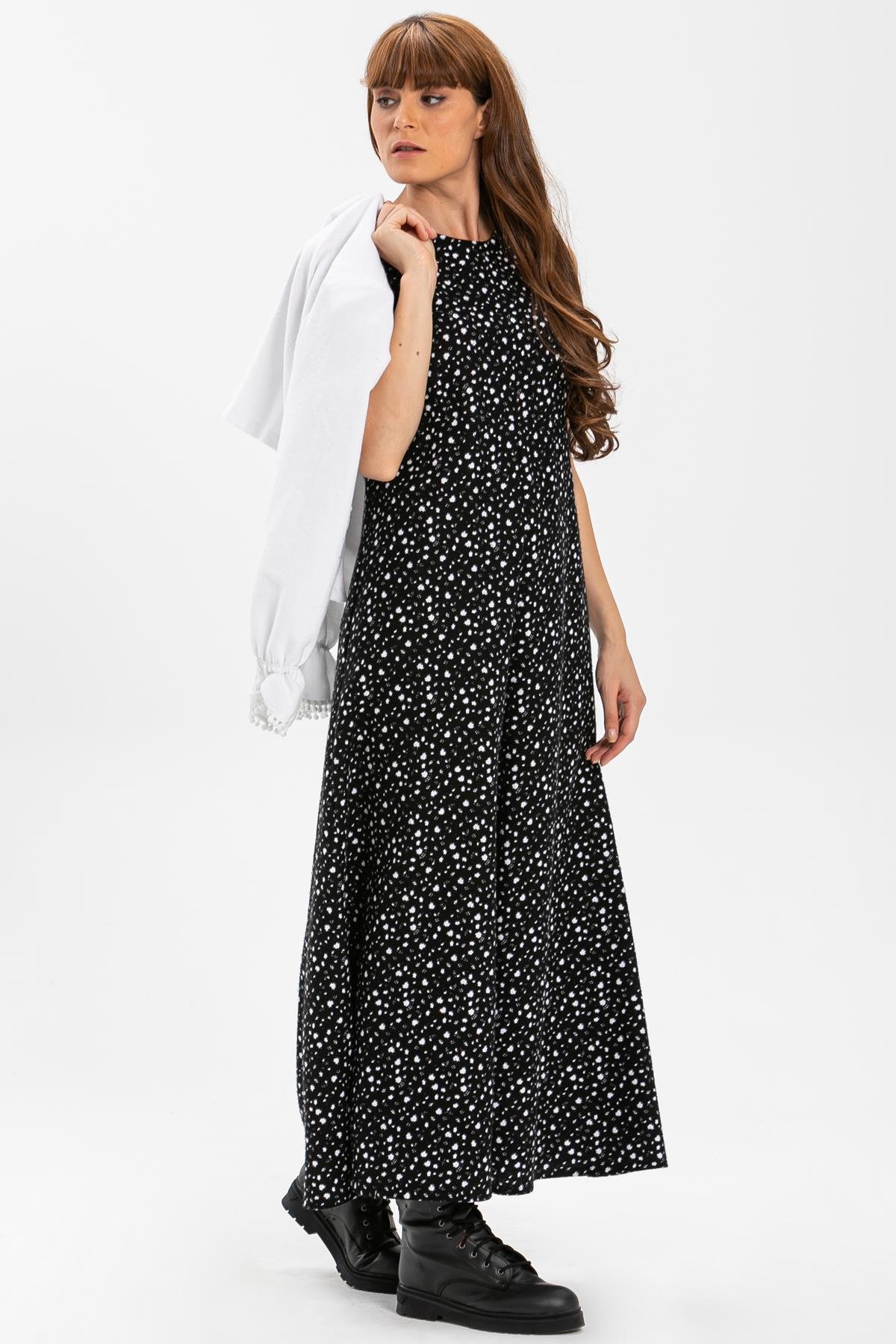 Kolsuz Selen Pazen Uzun Sonbahar ve Kışlık Elbise Çıtır Desen Beyaz Byz