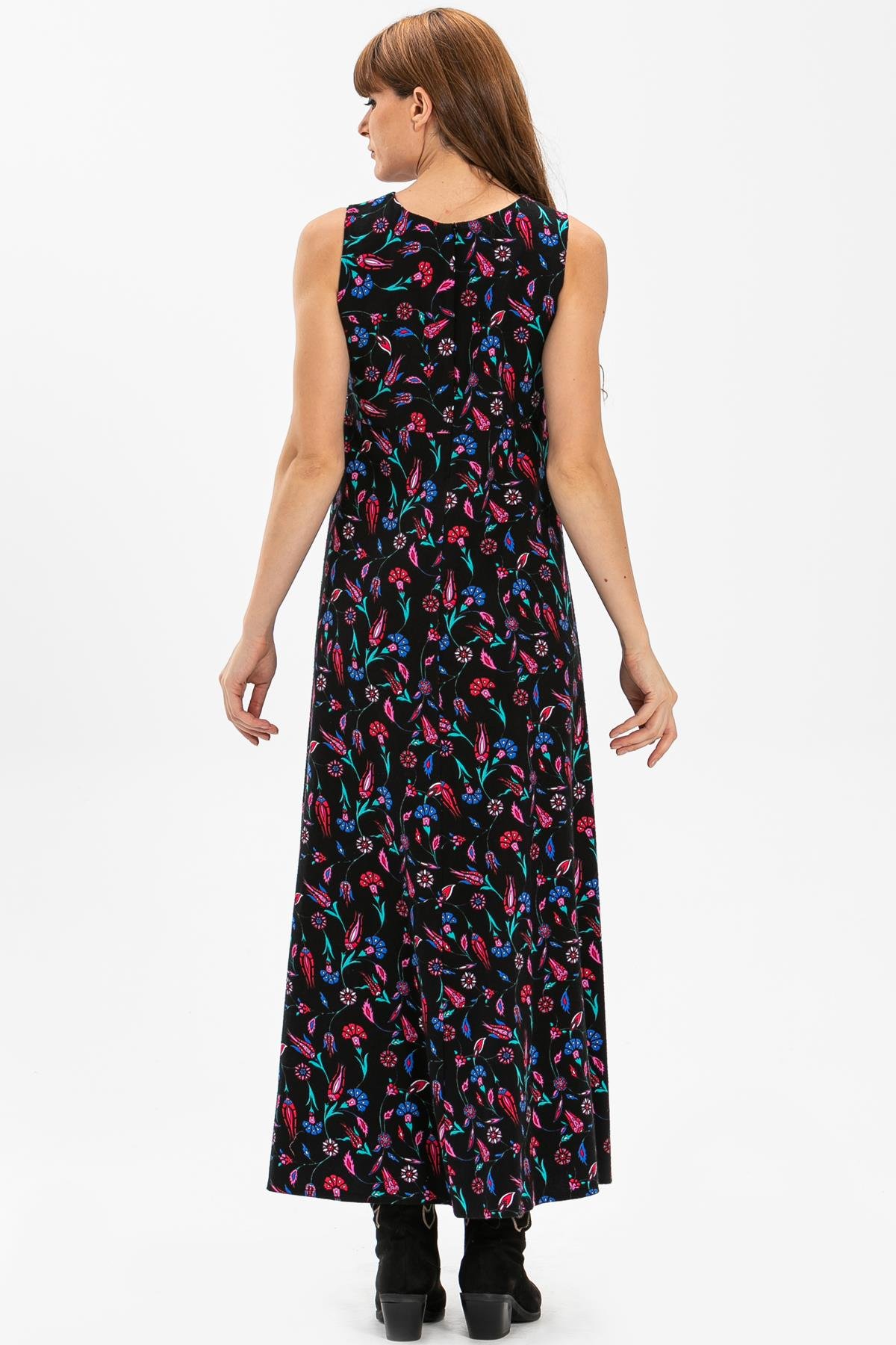 Kolsuz Selen Pazen Uzun Sonbahar ve Kışlık Elbise Çini Desen Siyah Syh