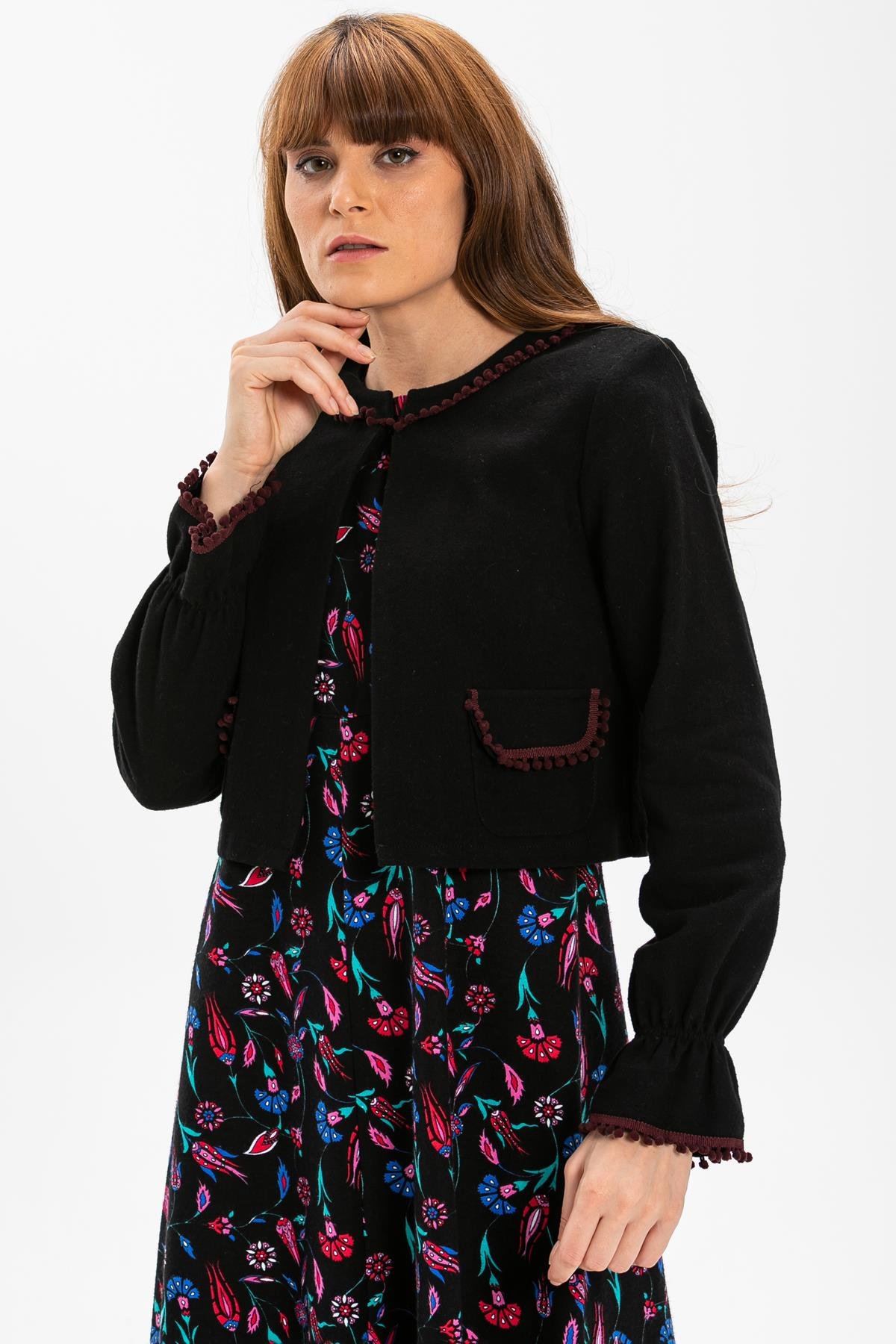 Kolsuz Selen Pazen Uzun Sonbahar ve Kışlık Elbise Çini Desen Siyah Syh