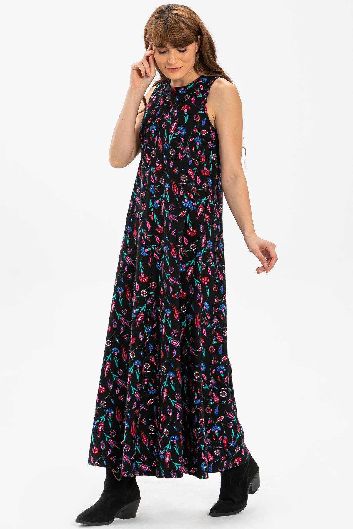 Kolsuz Selen Pazen Uzun Sonbahar ve Kışlık Elbise Çini Desen Siyah Syh