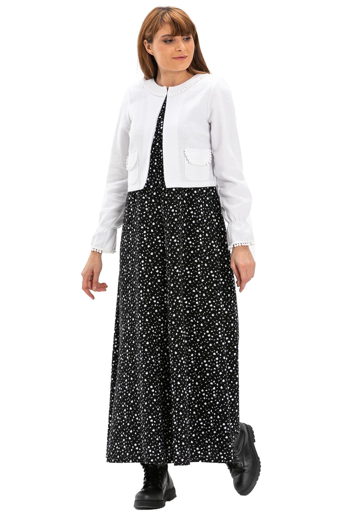 Kolsuz Selen Pazen Uzun Sonbahar ve Kışlık Elbise Çıtır Desen Beyaz Byz