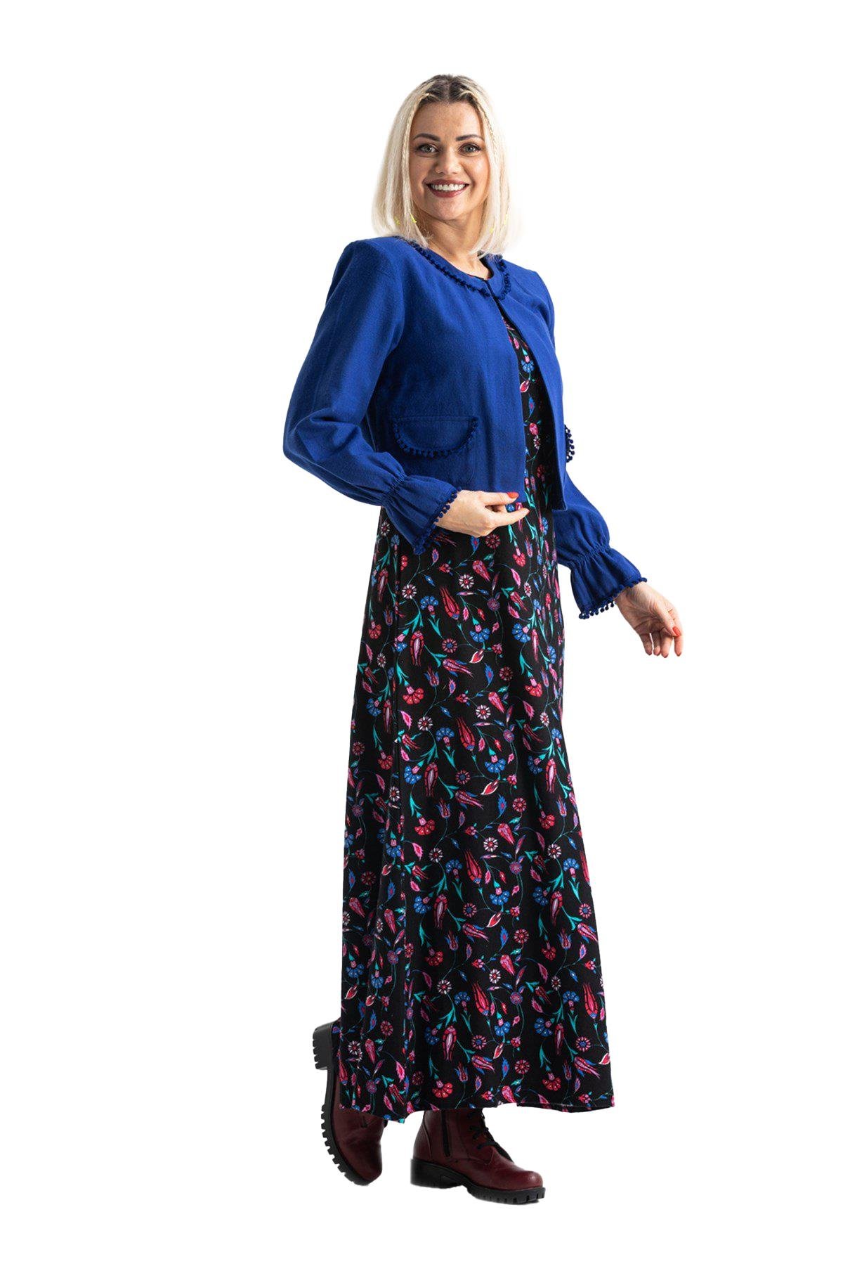 Kolsuz Selen Pazen Uzun Sonbahar ve Kışlık Elbise Çini Desen Saks Sks