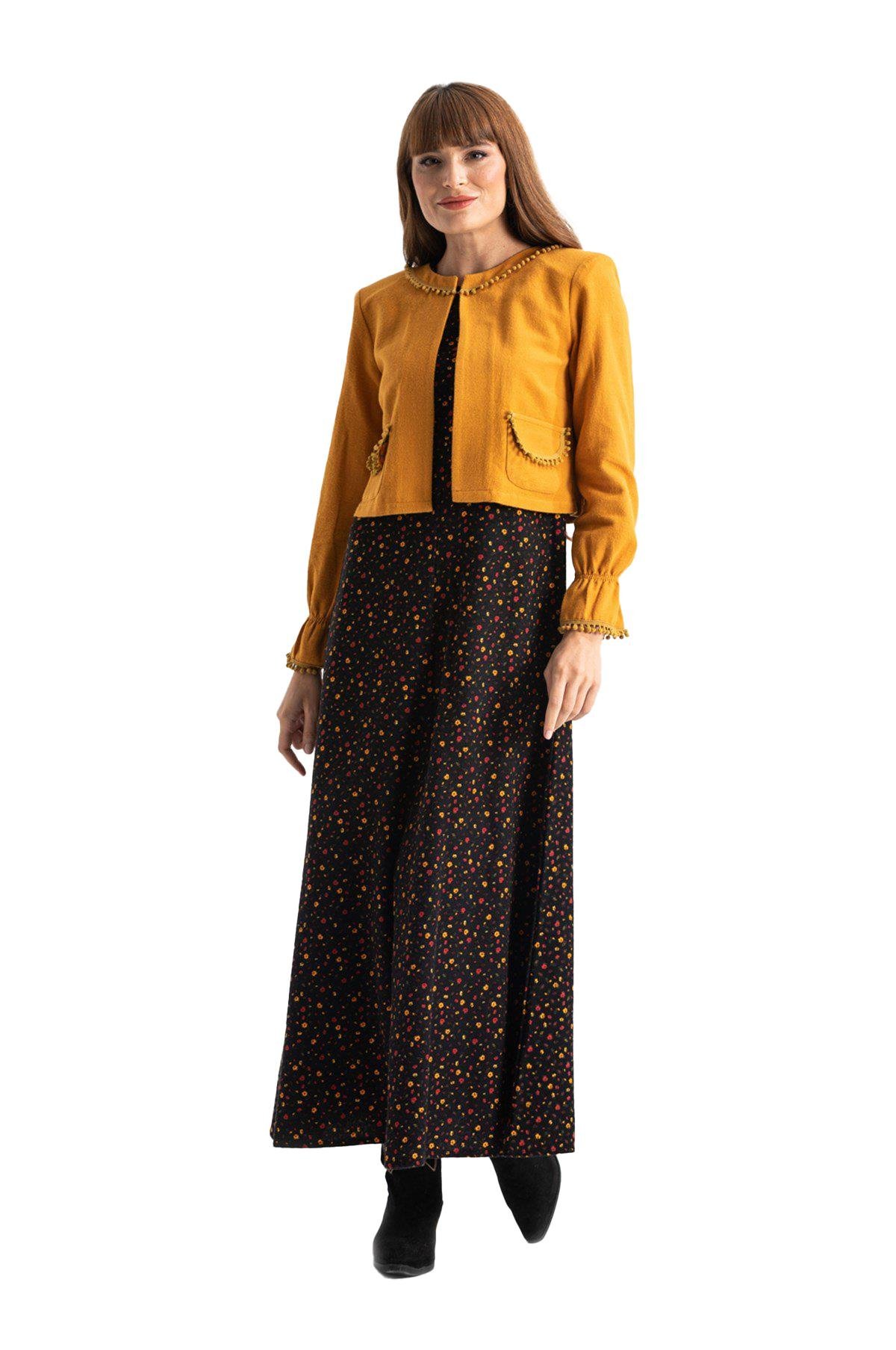 Kolsuz Selen Pazen Uzun Sonbahar ve Kışlık Elbise Çıtır Desen Siyah Syh