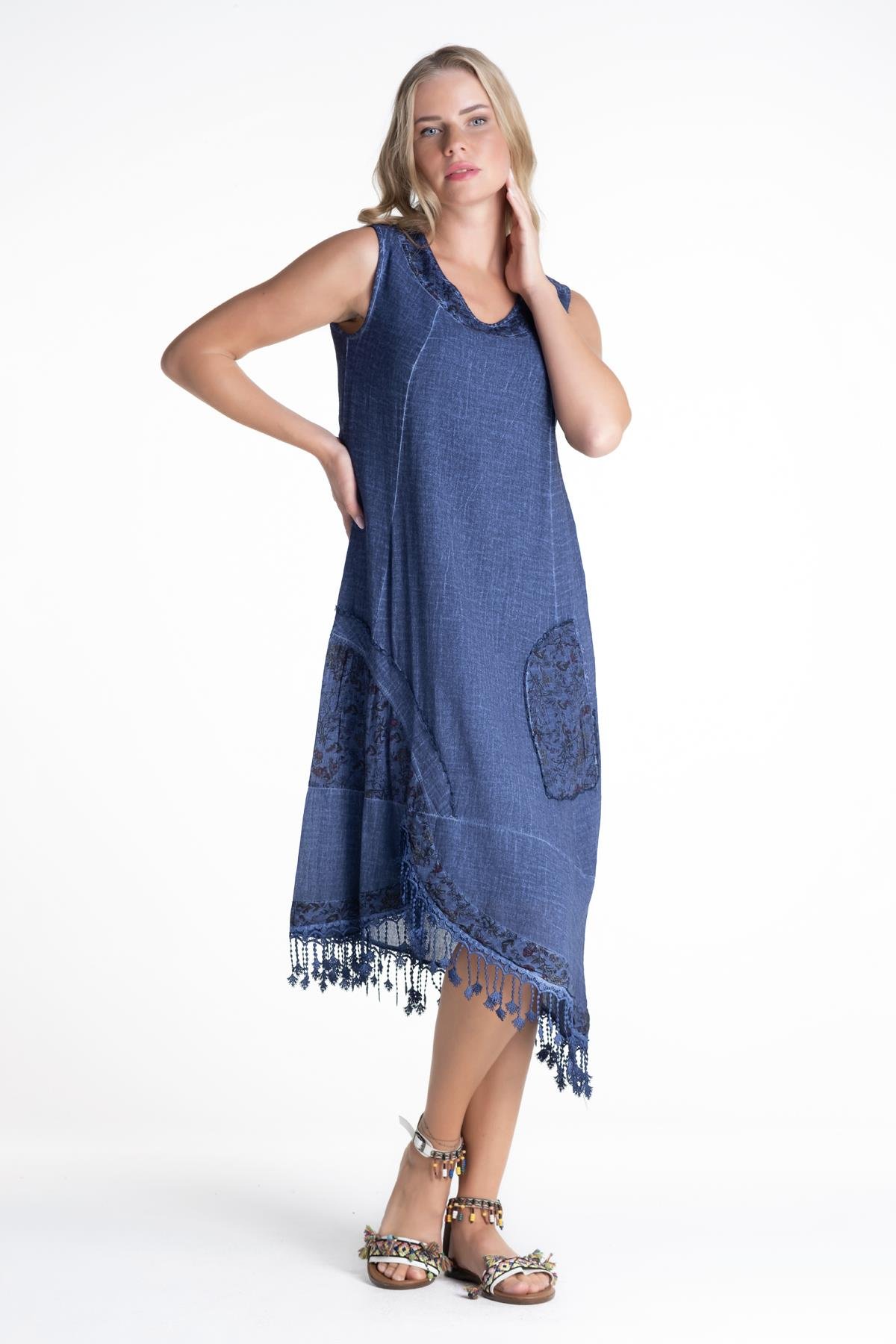 Sleeveless Şile Fabric Nur Short Dress Indigo