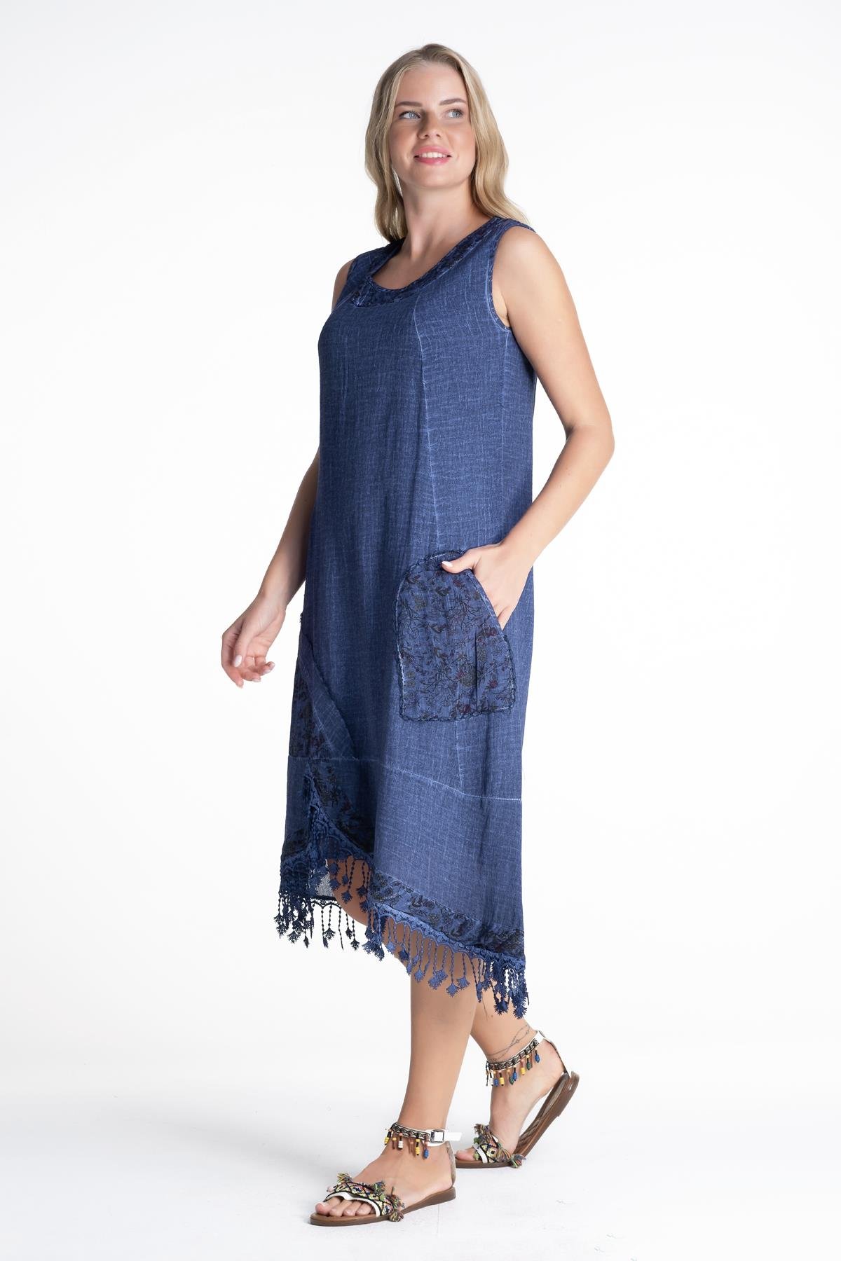 Sleeveless Şile Fabric Nur Short Dress Indigo