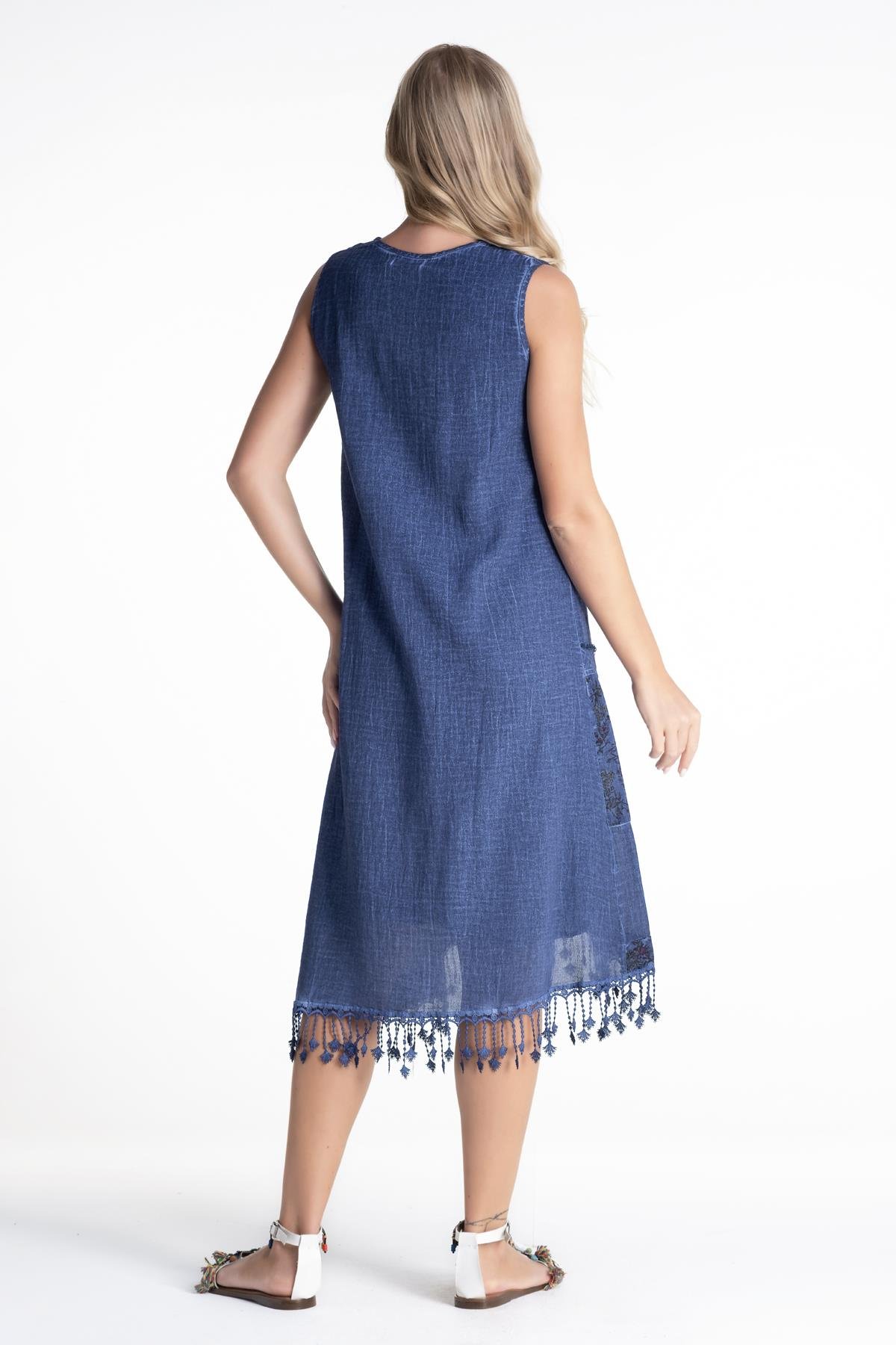 Sleeveless Şile Fabric Nur Short Dress Indigo