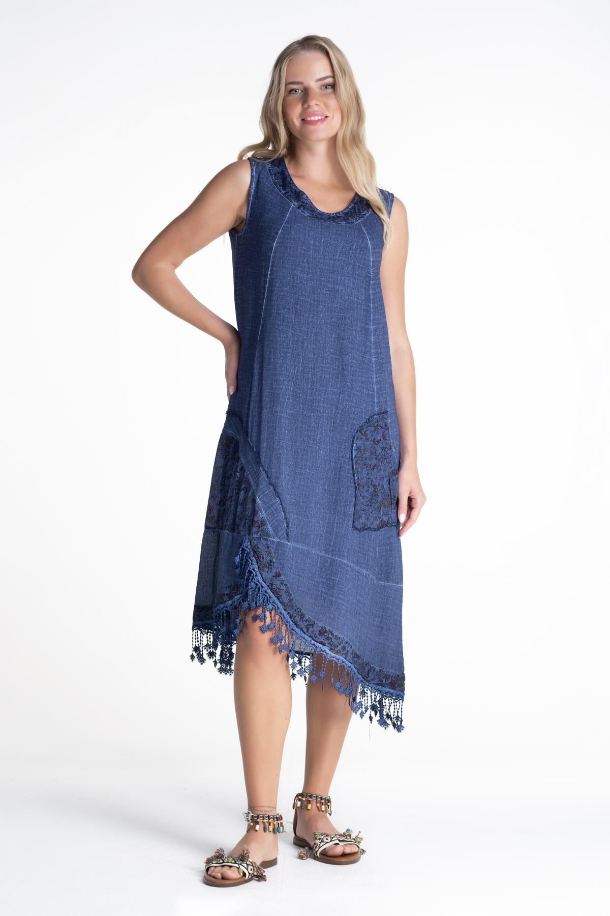 Sleeveless Şile Fabric Nur Short Dress Indigo