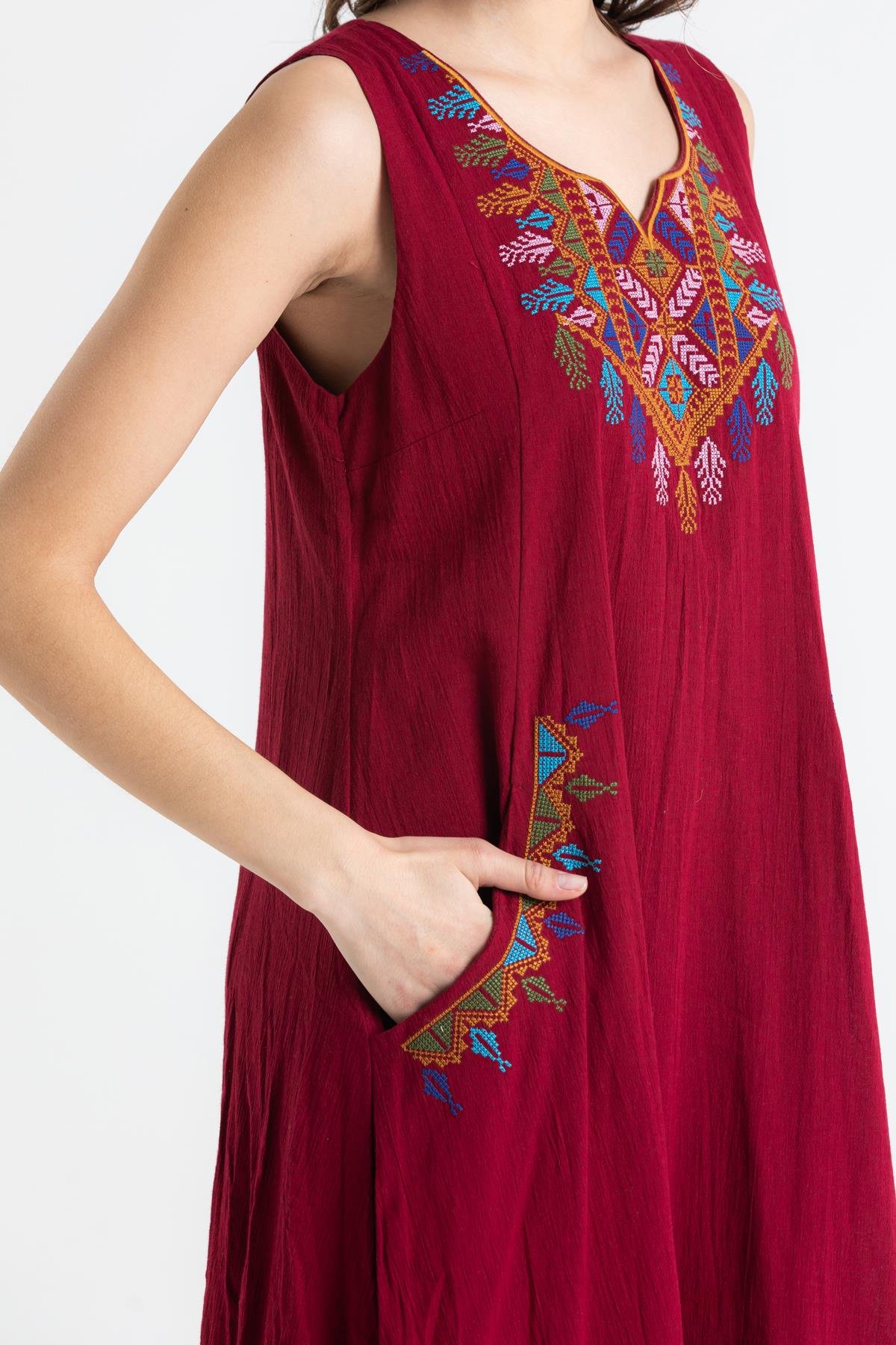 Kolsuz Şile Bezi Antik Nakışlı Midi Boy Elbise Bordo Brd