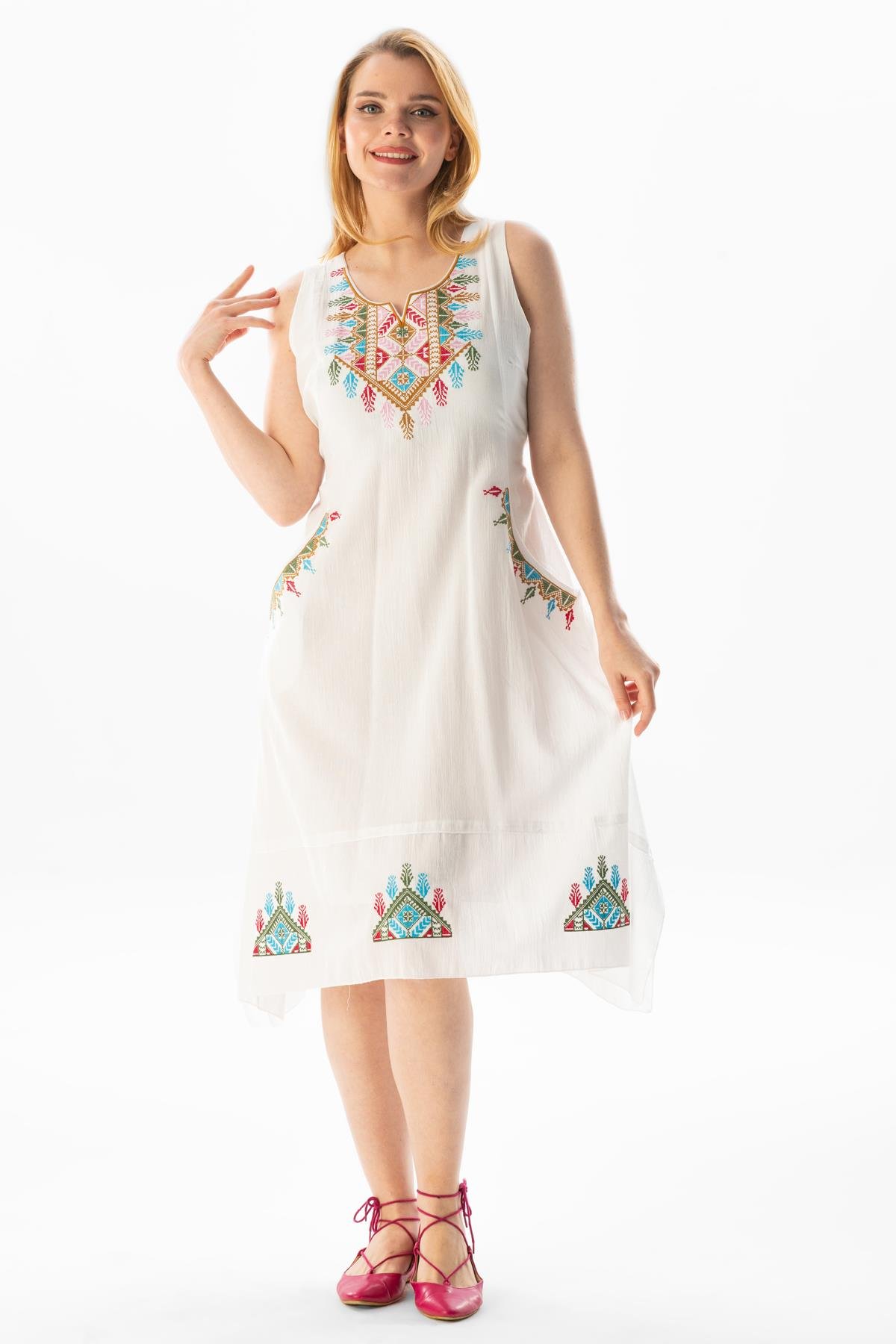 Kolsuz Şile Bezi Antik Nakışlı Midi Boy Yazlık Elbise Krem Krm