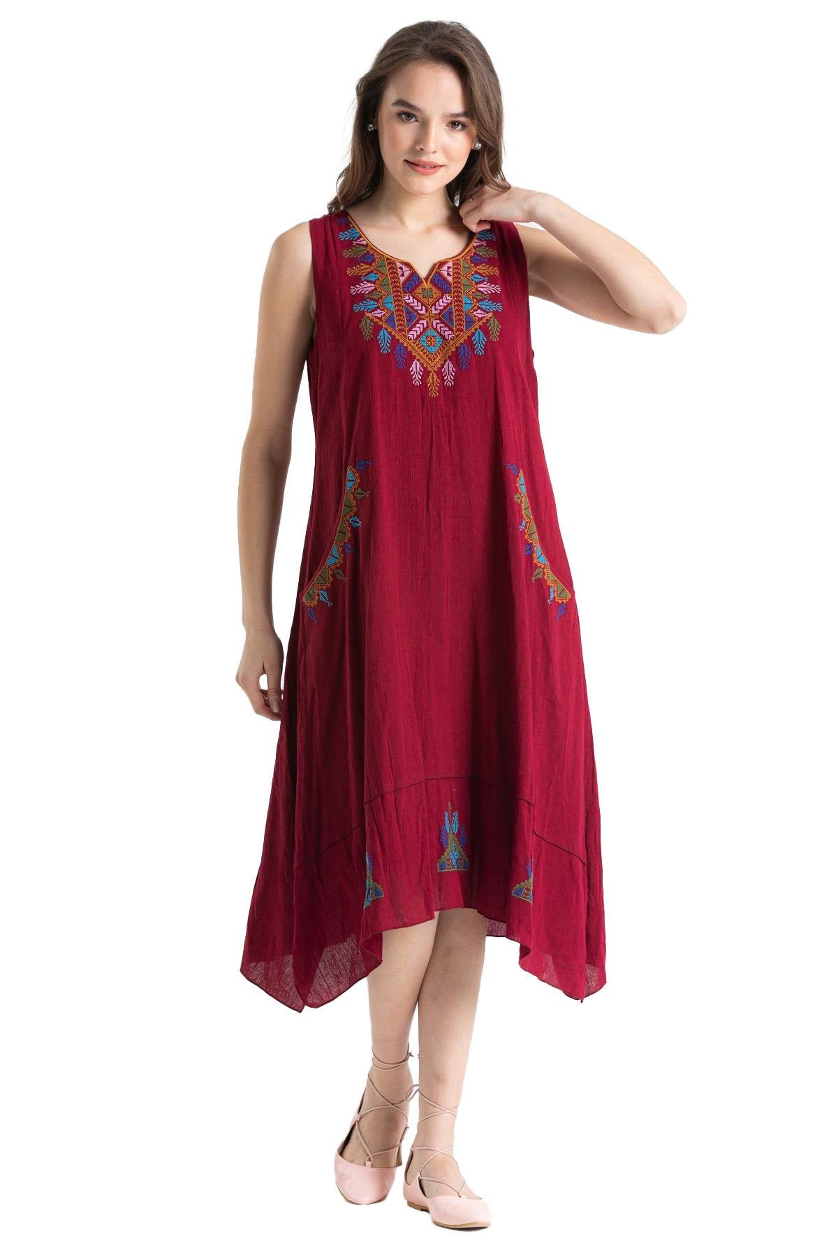 Kolsuz Şile Bezi Antik Nakışlı Midi Boy Elbise Bordo Brd