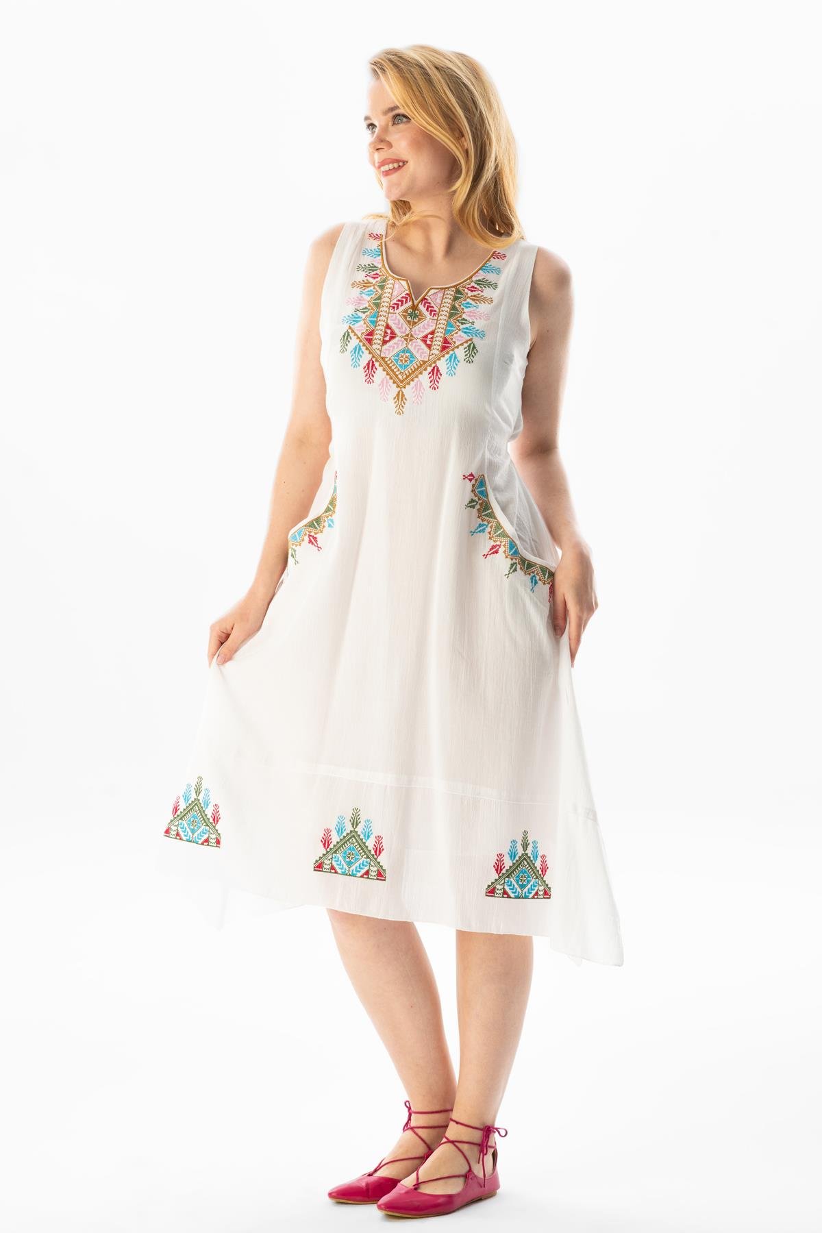 Kolsuz Şile Bezi Antik Nakışlı Midi Boy Yazlık Elbise Krem Krm