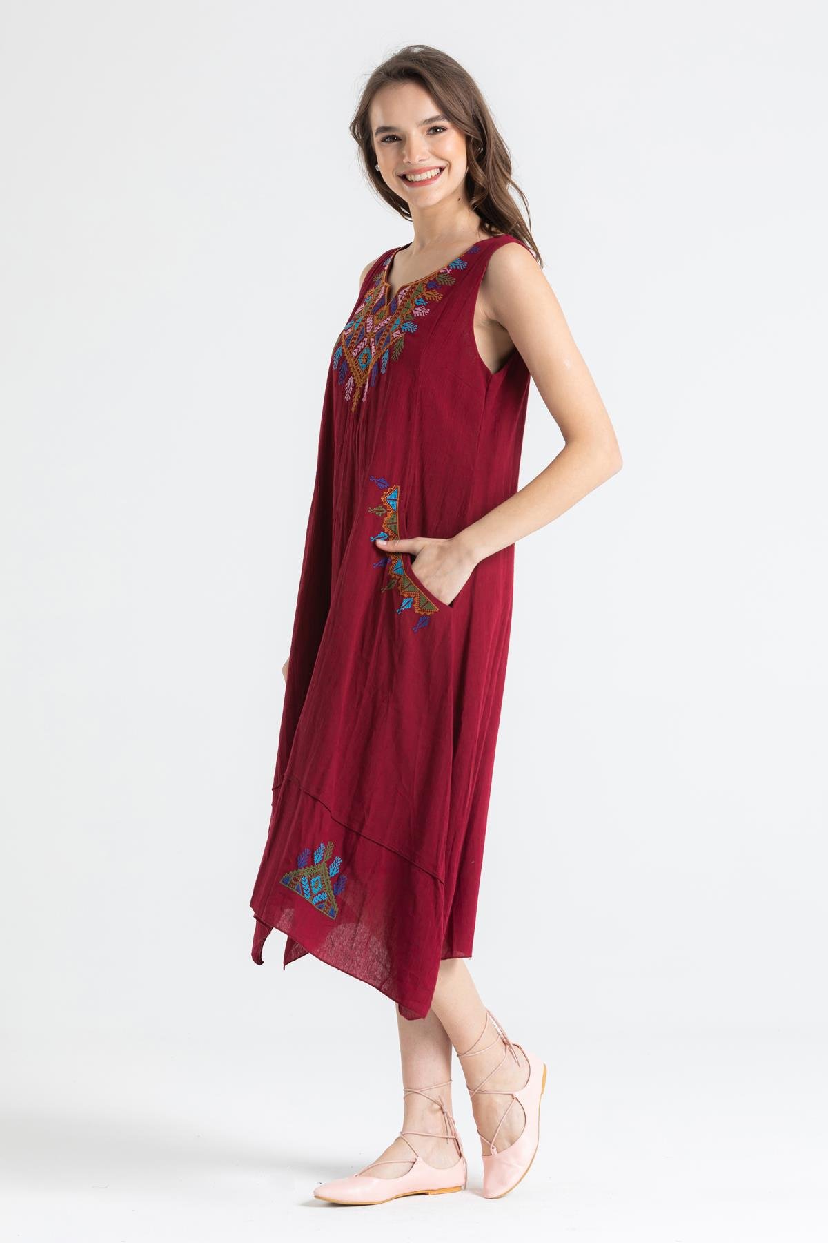 Kolsuz Şile Bezi Antik Nakışlı Midi Boy Elbise Bordo Brd