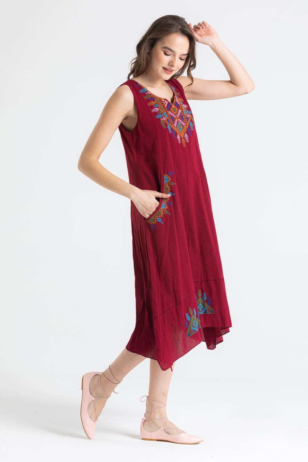 Kolsuz Şile Bezi Antik Nakışlı Midi Boy Elbise Bordo Brd