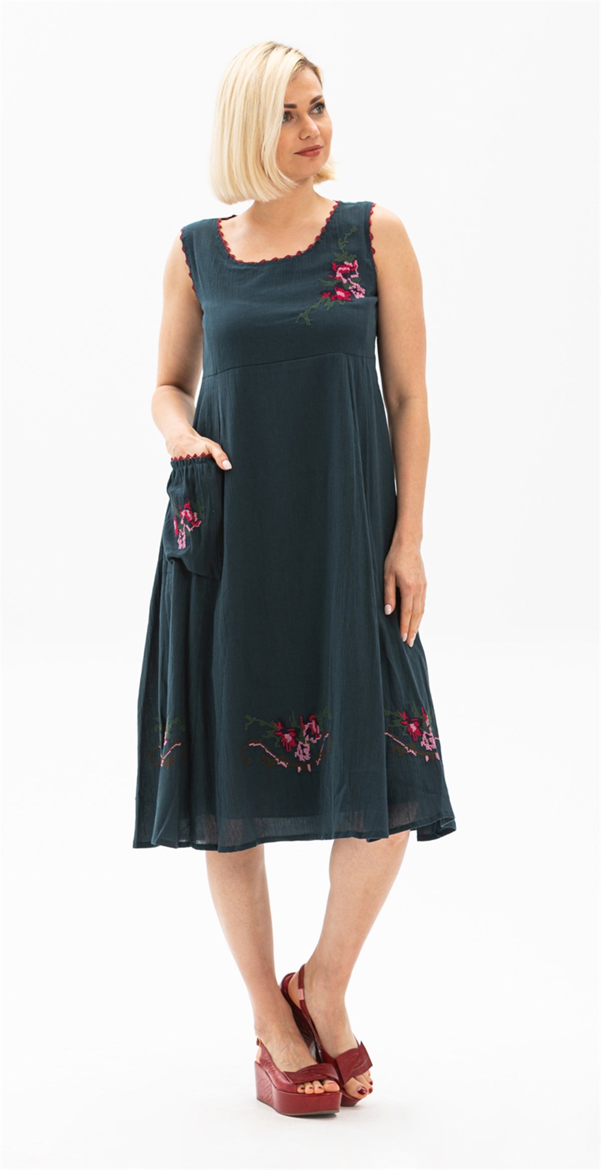 Kolsuz Şile Bezi Burçak Elbise Petrol