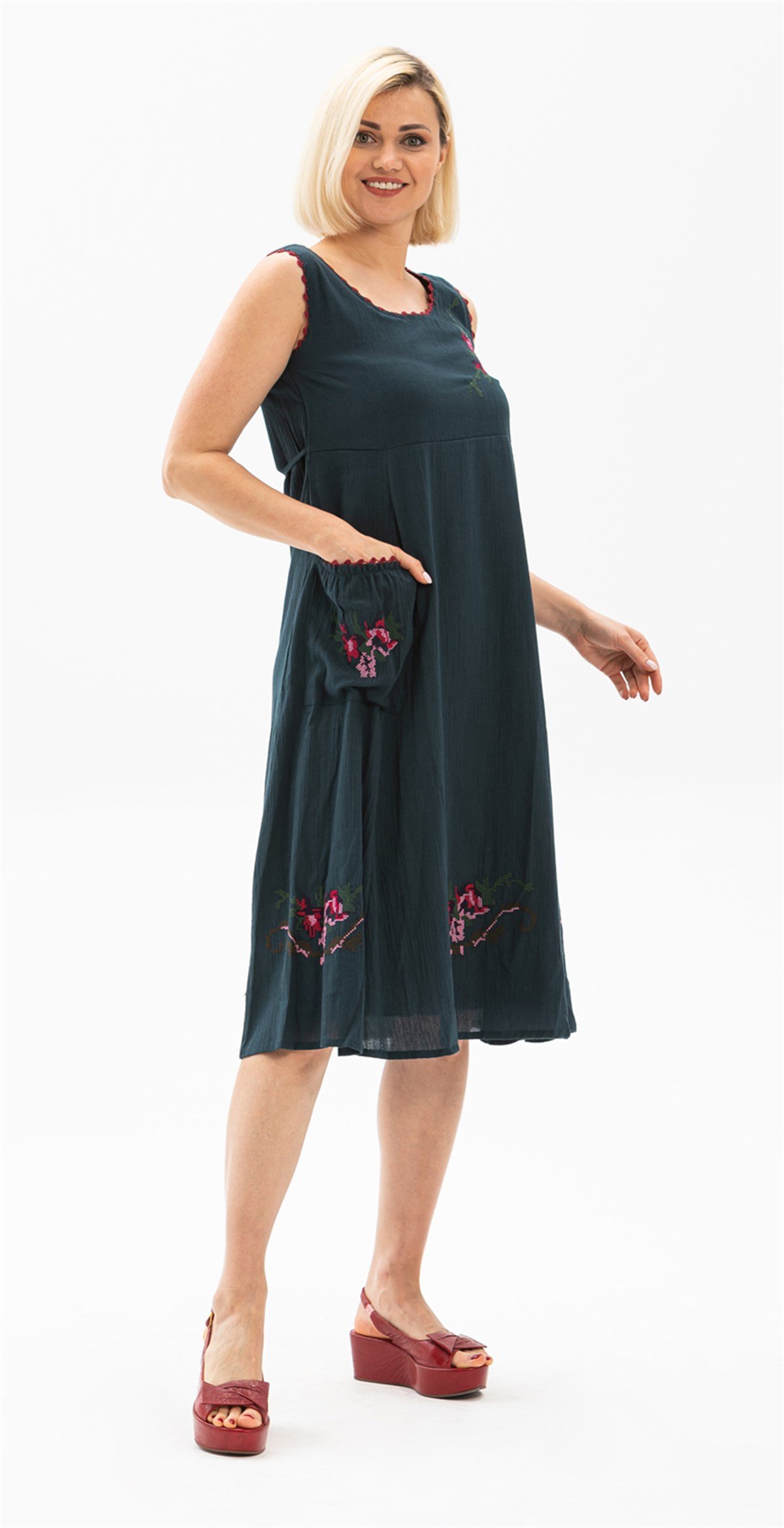 Kolsuz Şile Bezi Burçak Elbise Petrol