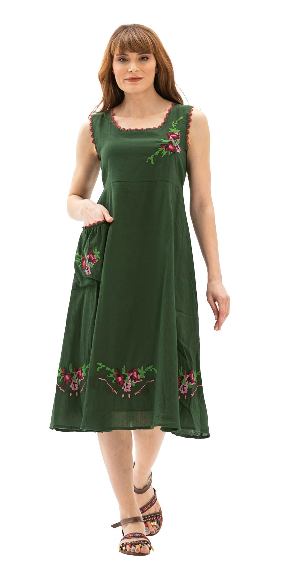 Kolsuz Şile Bezi Burçak Midi Boy Elbise Yeşil Ysl