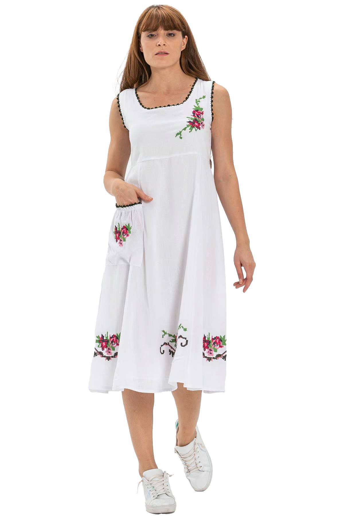 Kolsuz Şile Bezi Burçak Midi Boy Elbise Beyaz Byz