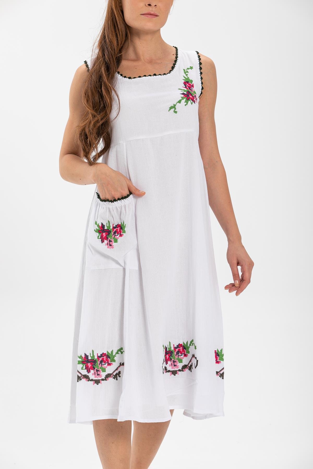 Kolsuz Şile Bezi Burçak Midi Boy Elbise Beyaz Byz