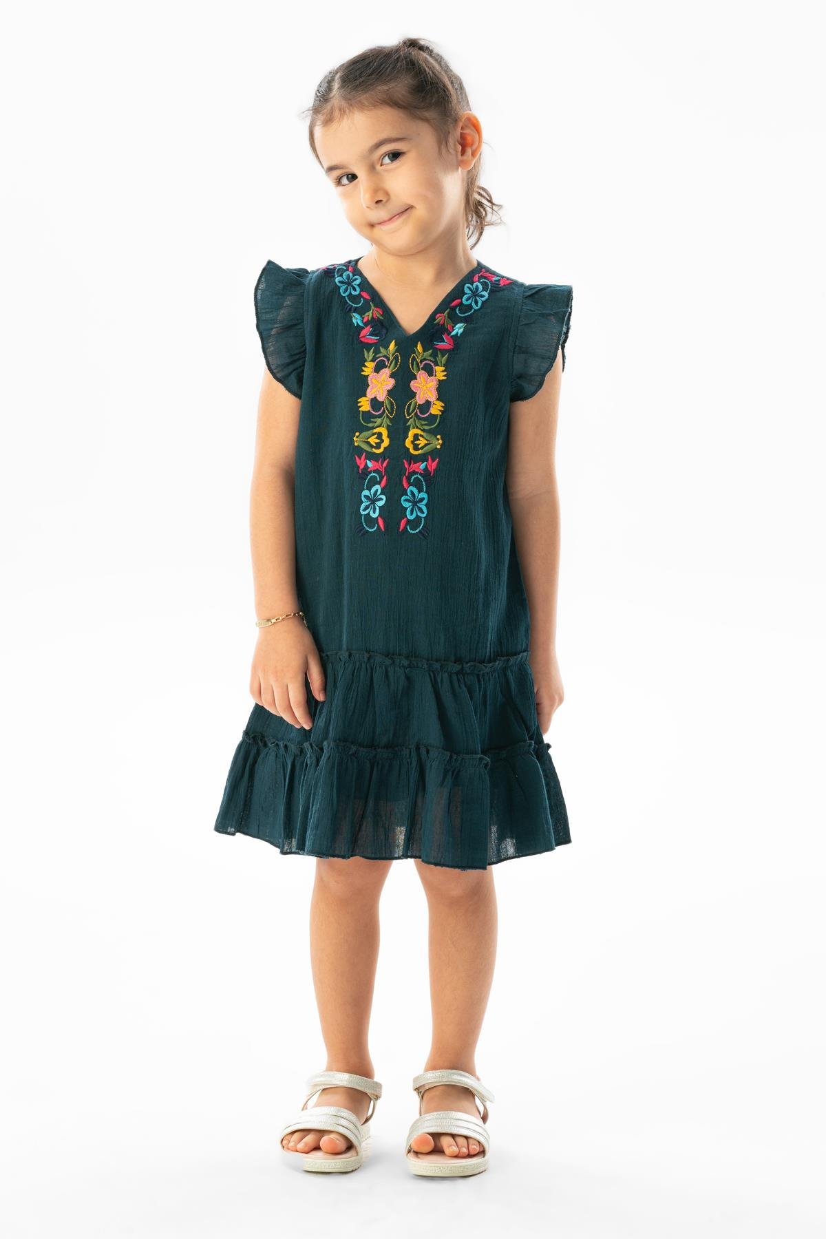Kolsuz Şile Bezi Delfin Nakış Detaylı Yazlık Çocuk Elbise Lacivert Lcvt