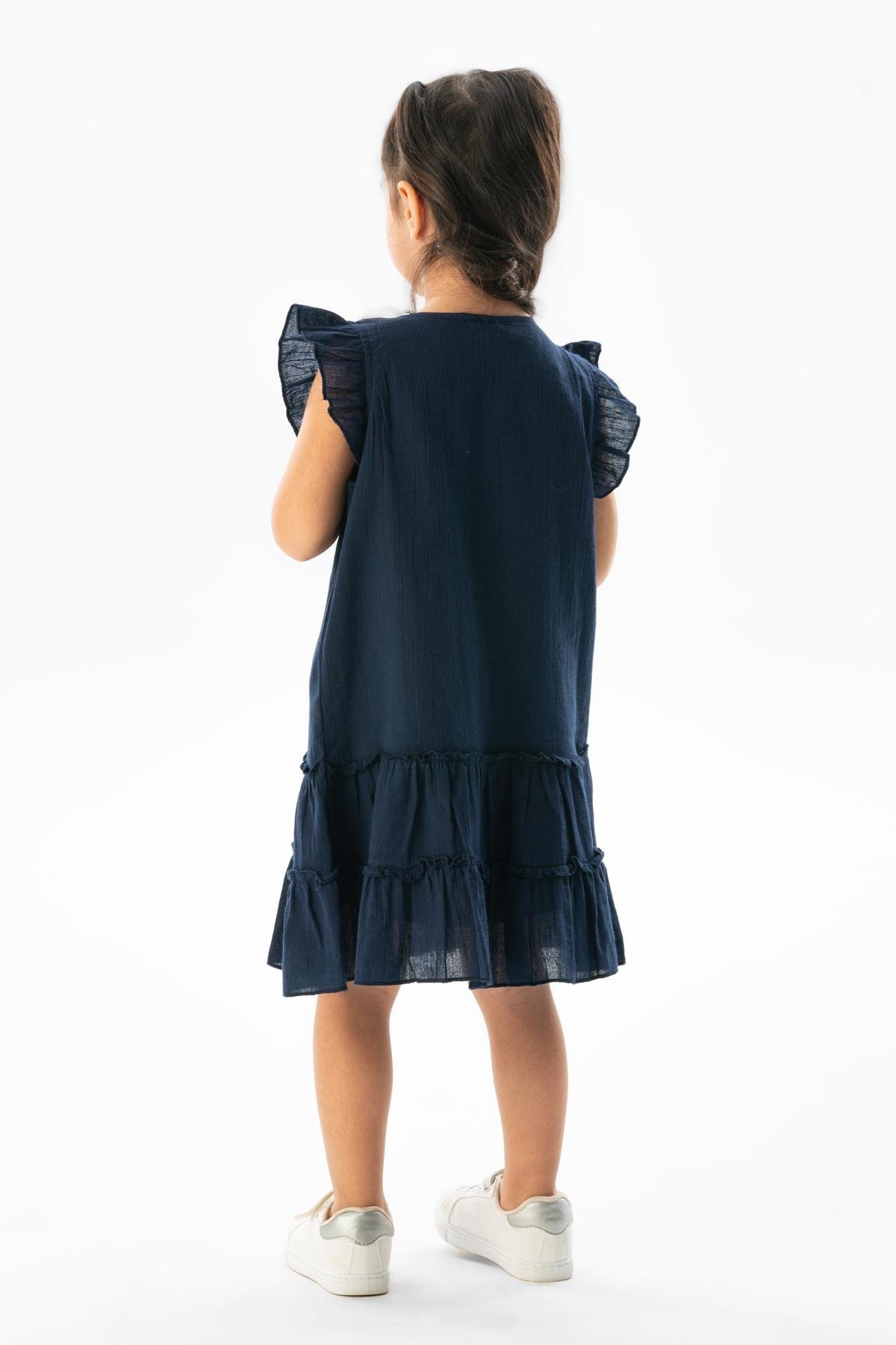 Kolsuz Şile Bezi Delfin Nakış Detaylı Yazlık Çocuk Elbise Lacivert Lcvt