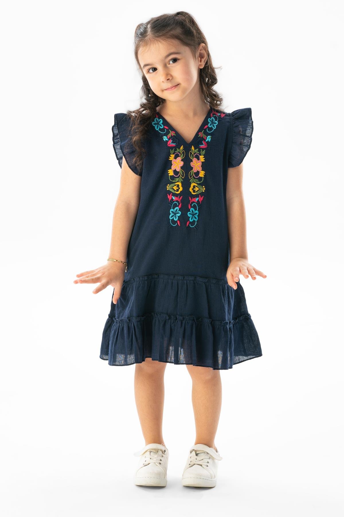 Kolsuz Şile Bezi Delfin Nakış Detaylı Yazlık Çocuk Elbise Lacivert Lcvt