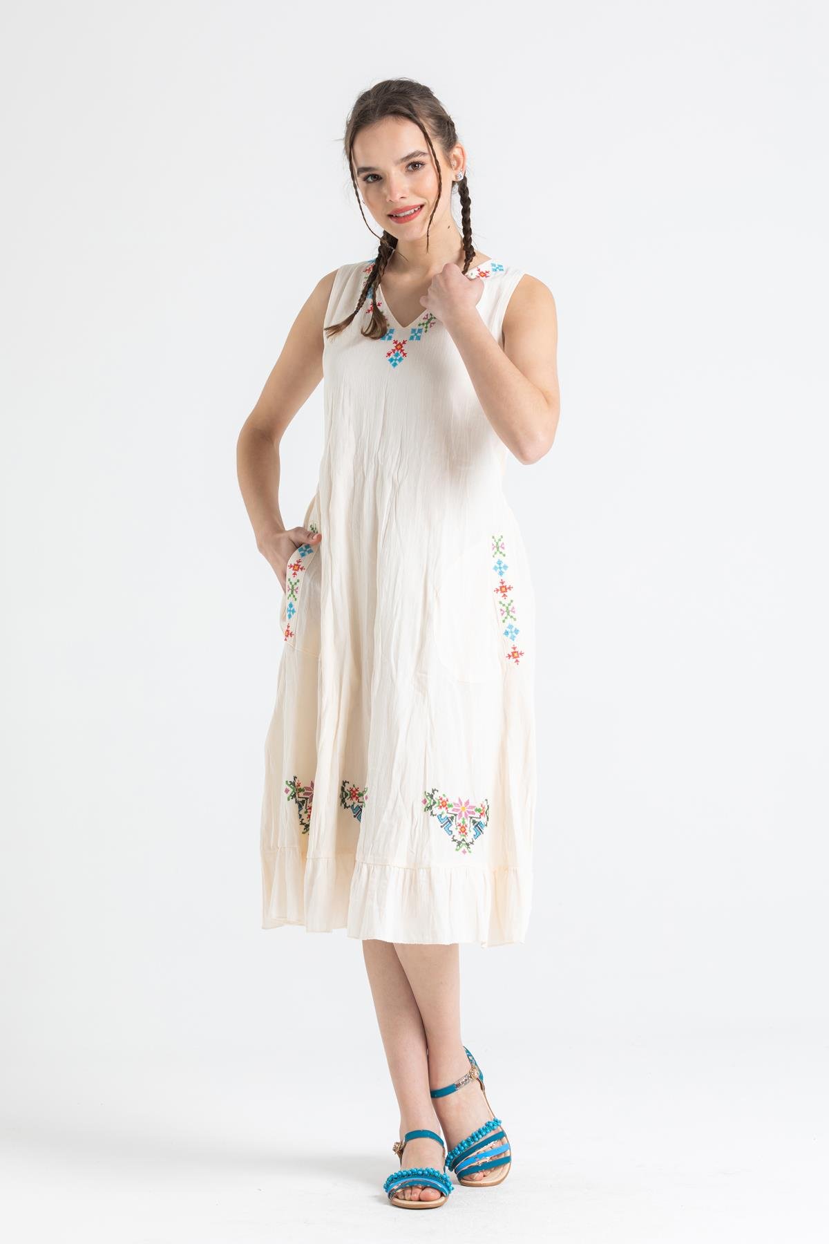 Kolsuz Şile Bezi Mehtap Midi Boy Elbise Krem Krm