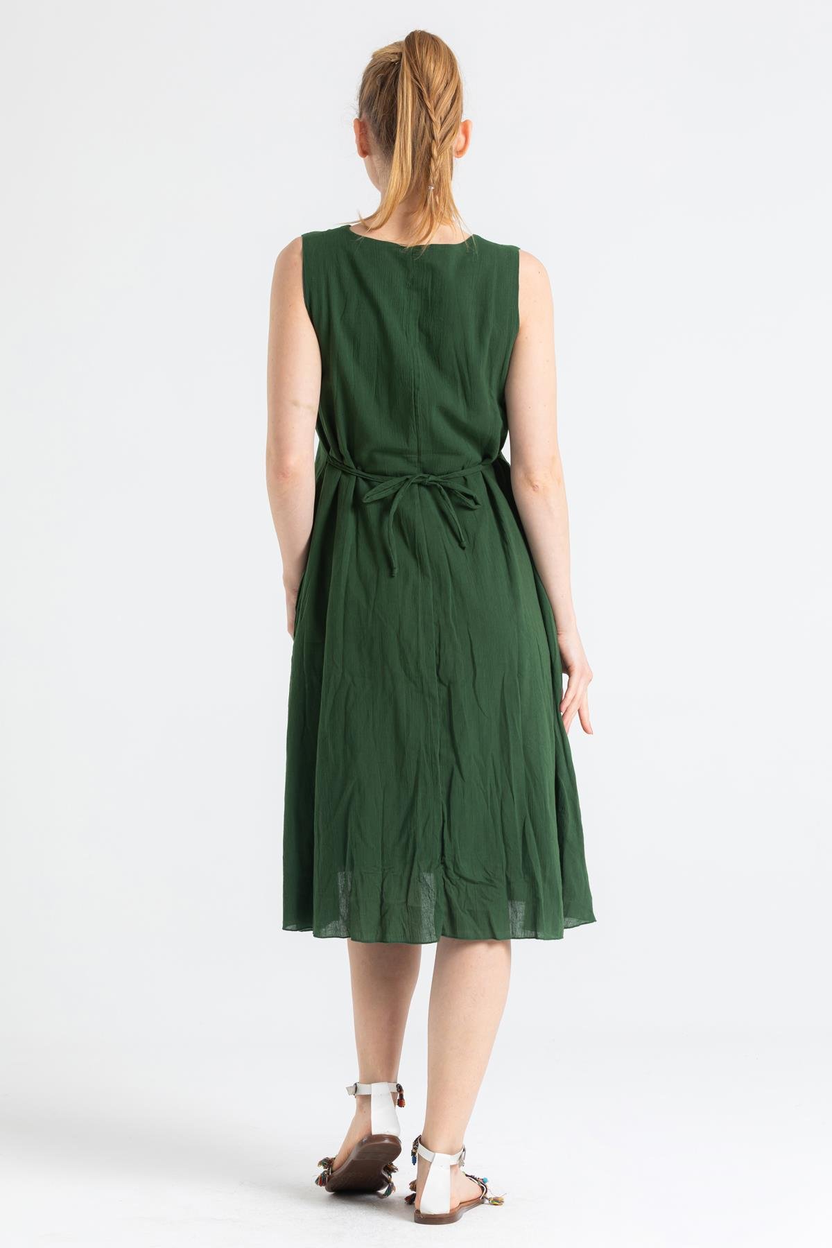 Sleeveless Şile Fabric Mehtap Midi Length Dress Green