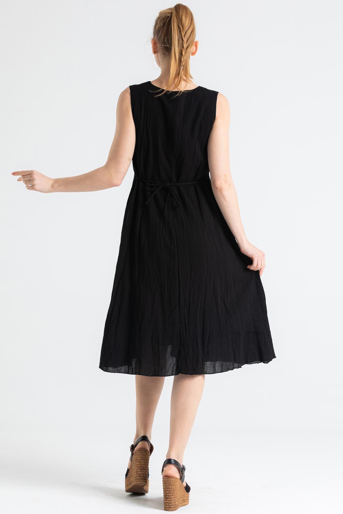 Kolsuz Şile Bezi Mehtap Midi Boy Elbise Siyah Syh