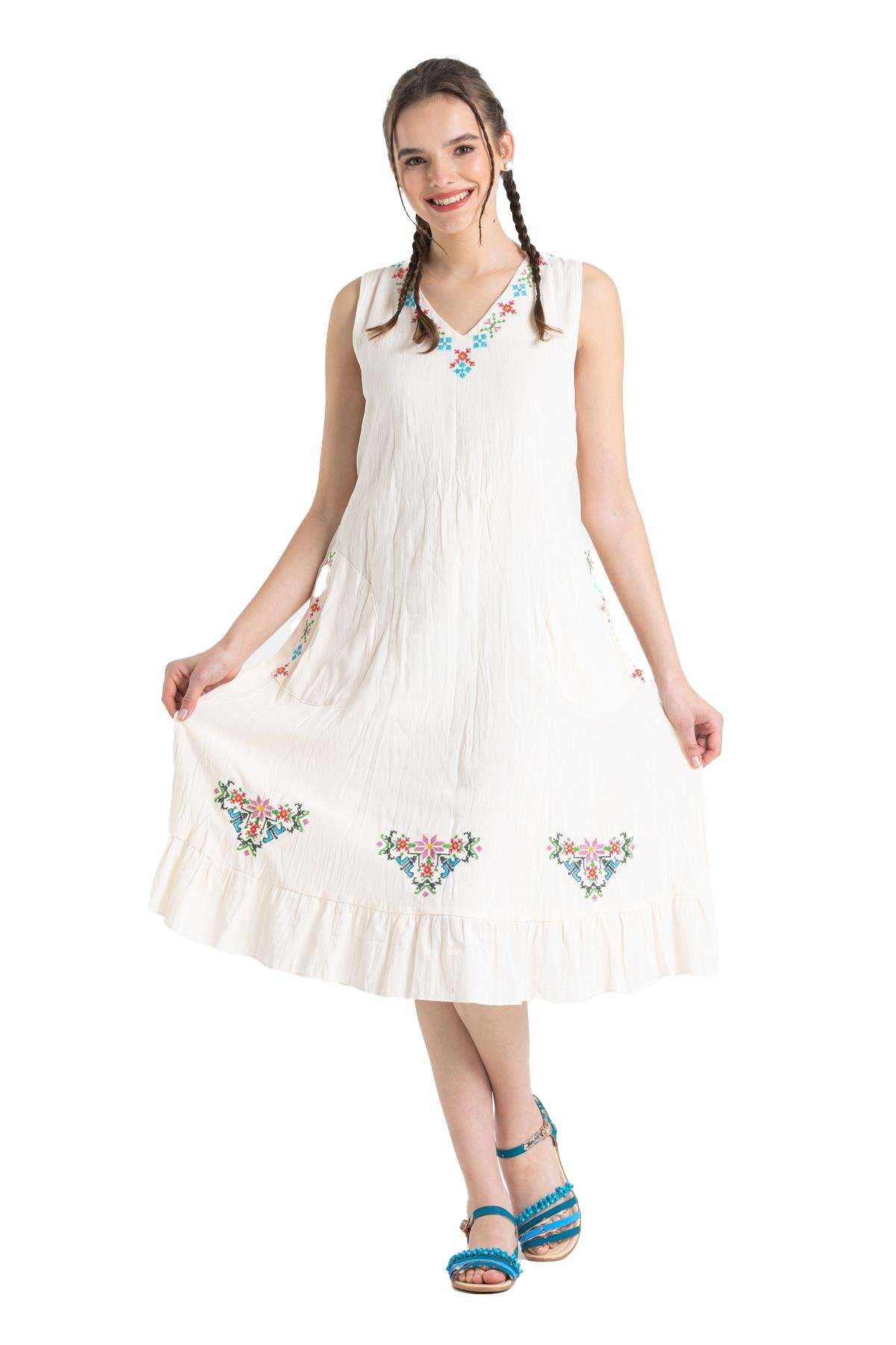 Kolsuz Şile Bezi Mehtap Midi Boy Elbise Krem Krm